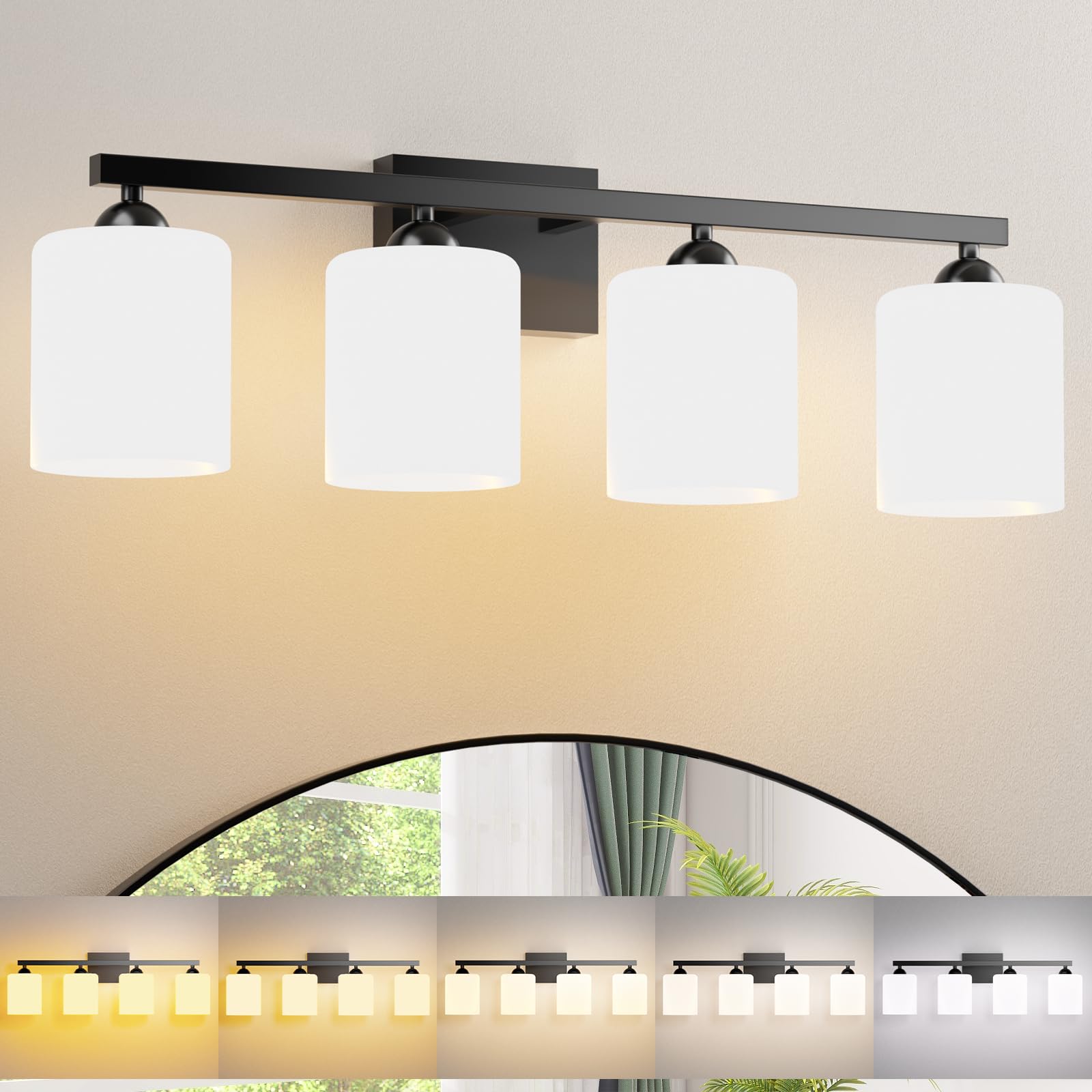 Quntis 4-Light LED Bathroom Vanity Light, Adjustable Colors, Metal, Black & Milky White, 28.3 inch
