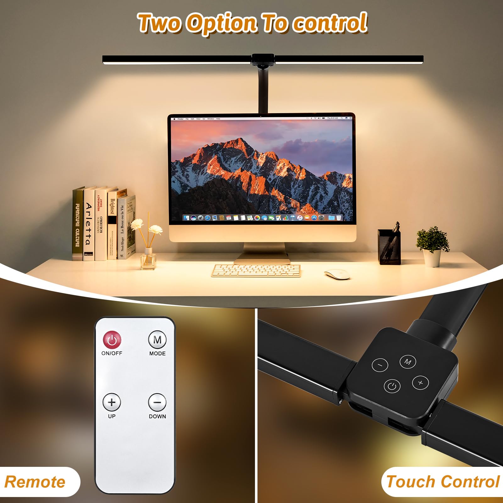 MACASA Double Head LED Desk Lamp 24W with Remote Control, Anti-Glare, Clamp Size, Black, Model S01-Black