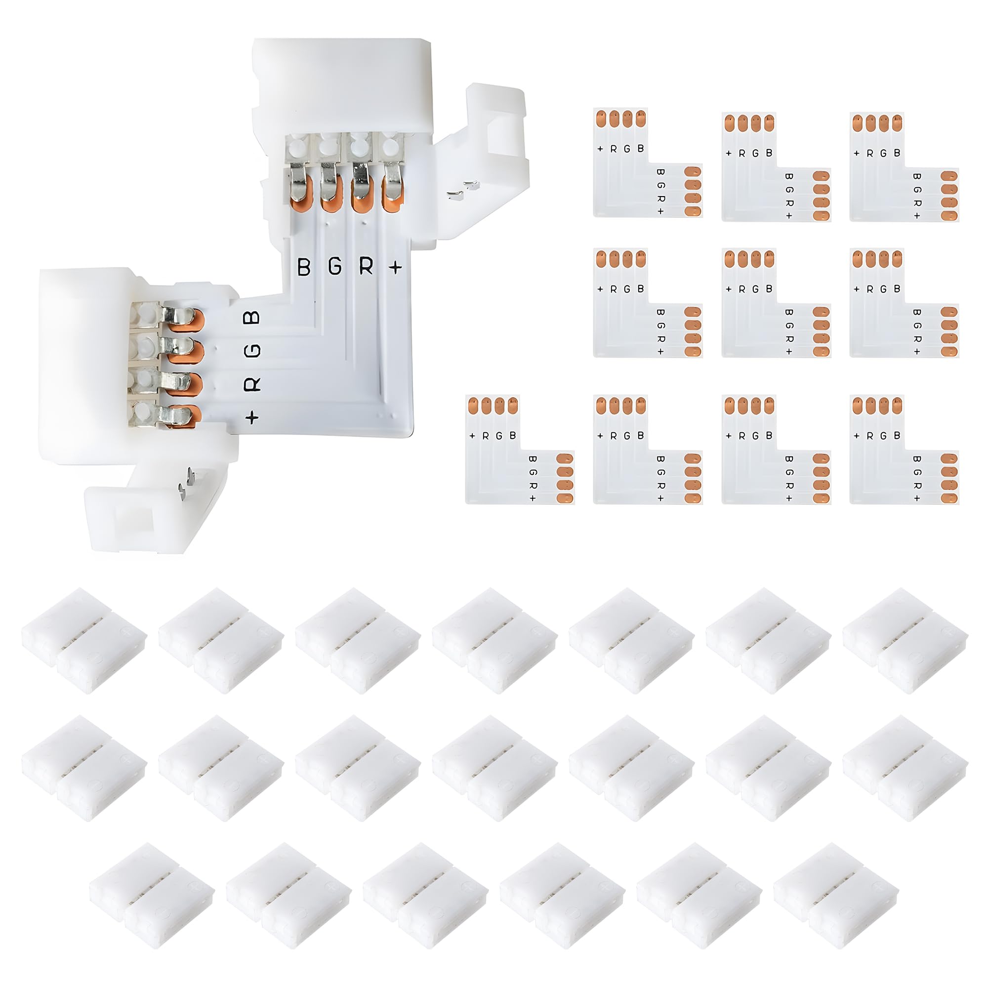 JACKYLED L Shape 8mm 4-Pin LED Strip Connectors 10-Pack Total 32pcs, Unwired Solderless LED Light Connectors for 8mm Wide 4-Pin 