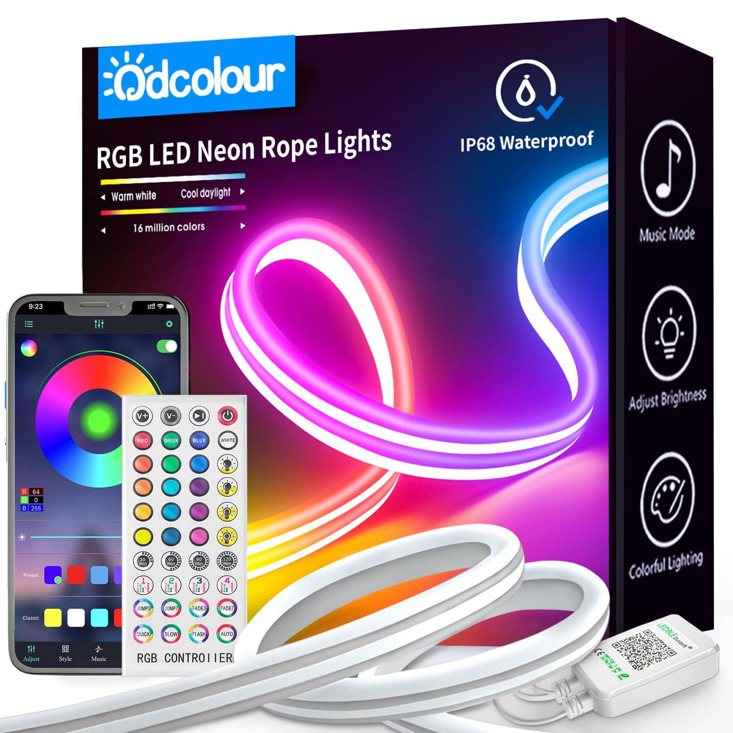 Odcolour 16.5ft Neon Rope RGB Lights, IP68 Waterproof Flexible Neon Lights, LED Strip Lights for Bedroom, Room Decor for Christm
