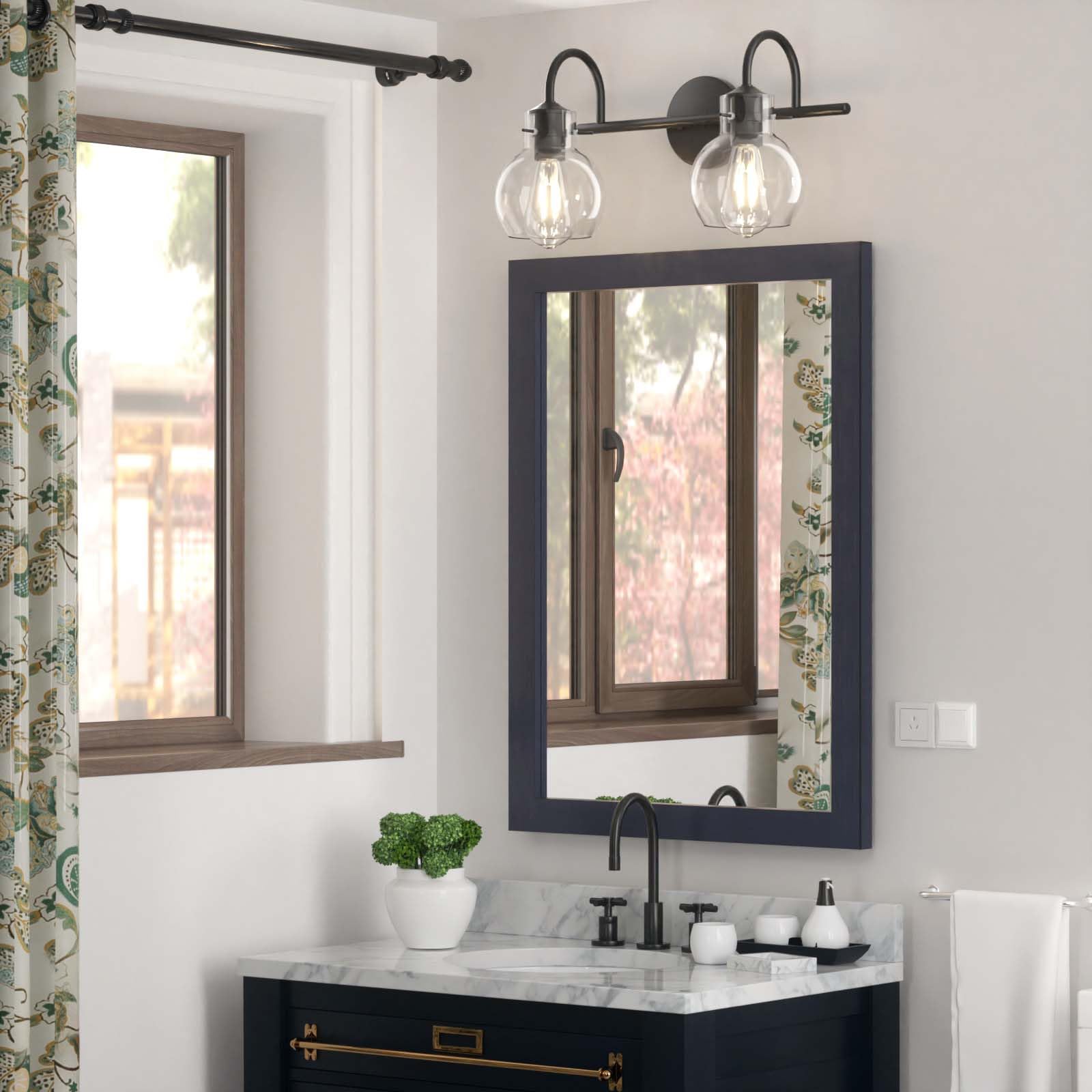 Paihome 2 Light Bathroom Light Fixture, Black Vanity Light For Bathroom Modern Wall Sconce Lighting Matte Black, Farmhouse Metal Wall Lamp With Globe Glass Shade, Wall Mount Light Fixture For Mirror