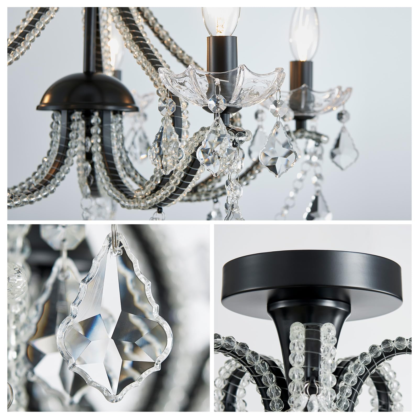 WUZUPS 5-Light Crystal Candle Chandelier Flushmount Ceiling Light, 20.9inH x 22inW, Black, Metal, Model USHD-5511506BK