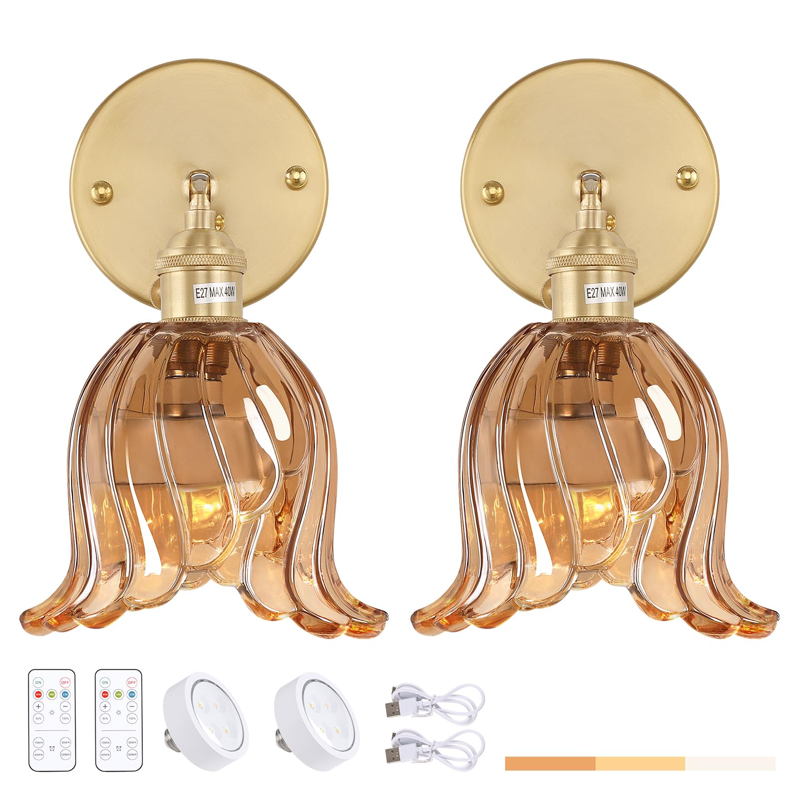 Shenmoyl Vintage Wall Sconces Set of Two, Rechargeable LED Lights, Battery Operated, Amber Lily, Model 1-94965-sconc
