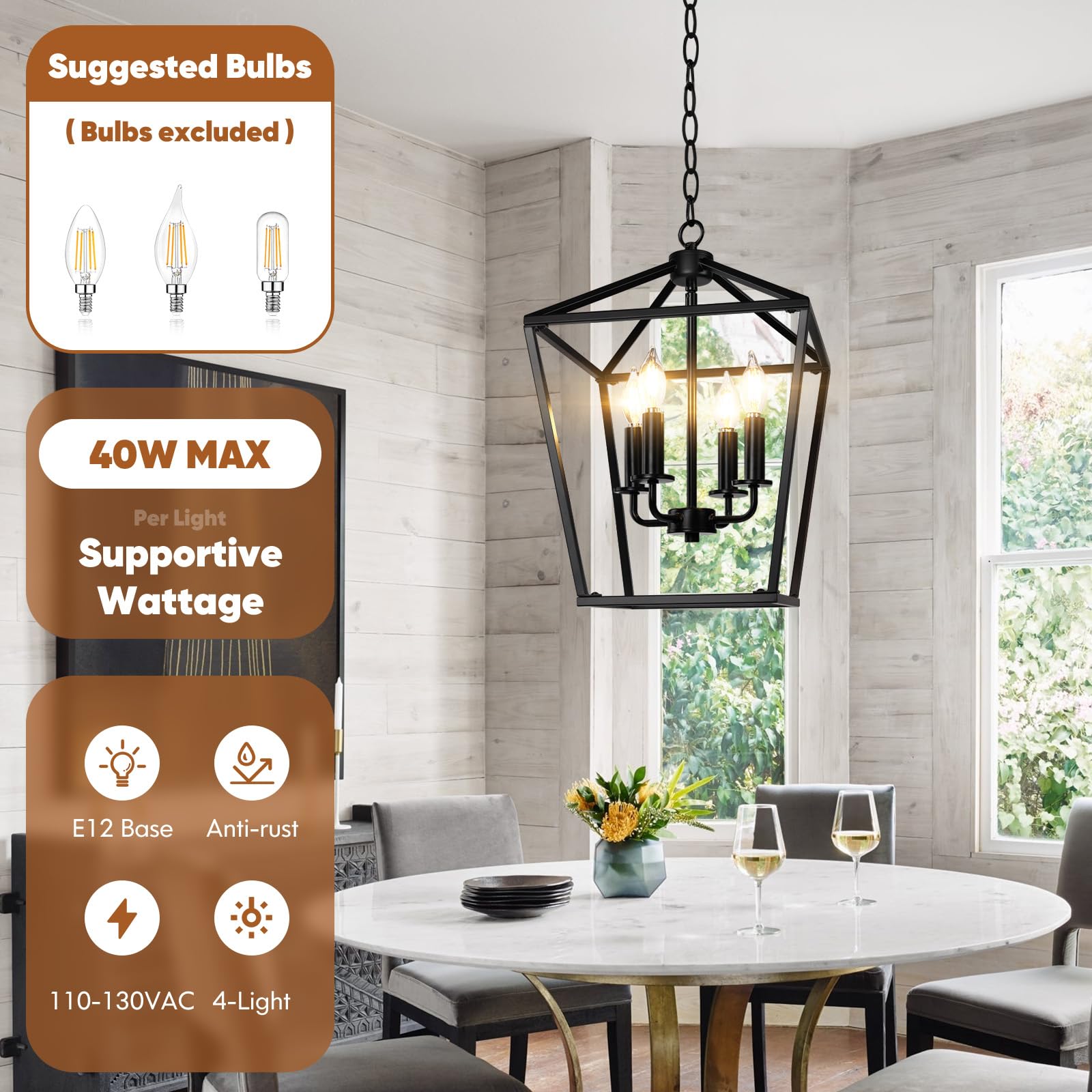 BrightHome Farmhouse Chandelier 4-Light Pendant, Black Metal Cage, Adjustable Height for Kitchen Island & Dining Room, Model D3561.4BK
