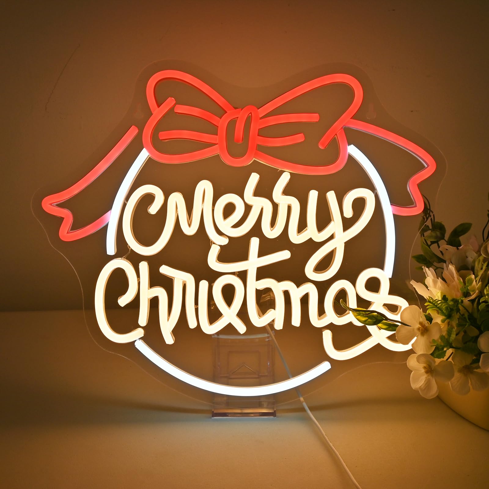 JURONGYILU Dimmable LED Neon Sign - Merry Christmas Bow Design - USB Powered - Colorful - Model HZ-WX-NL-6130
