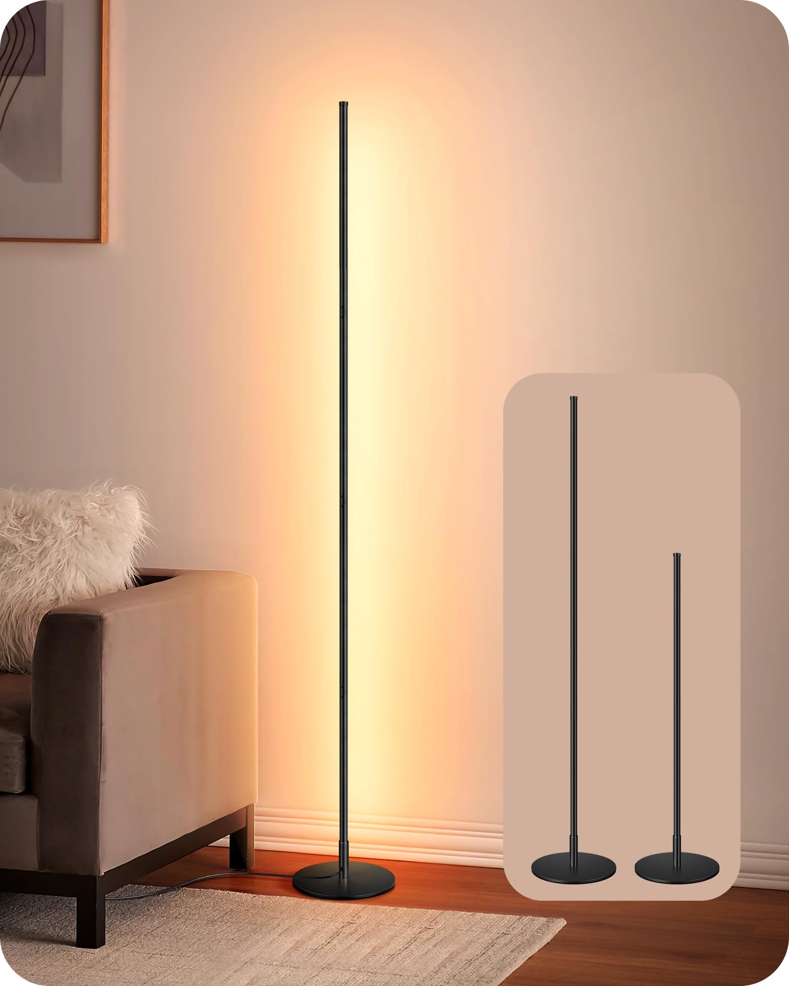 EDISHINE LED Corner Floor Lamp, 57.5in Adjustable Height, Dimmable, Black, Model HFLCB1B, Warm White Light