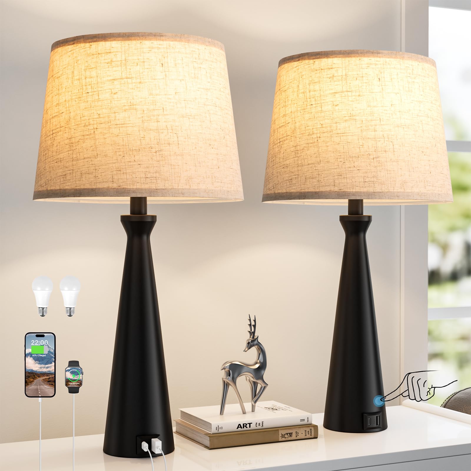 Seealle Modern Table Lamps Set of 2 - Touch Bedside Lamp for Nightstand with Dual USB C+A 3-Way Dimmable Nightstand Lamps for Living Room Bedroom End Table with Beige Shade(Bulb Included)