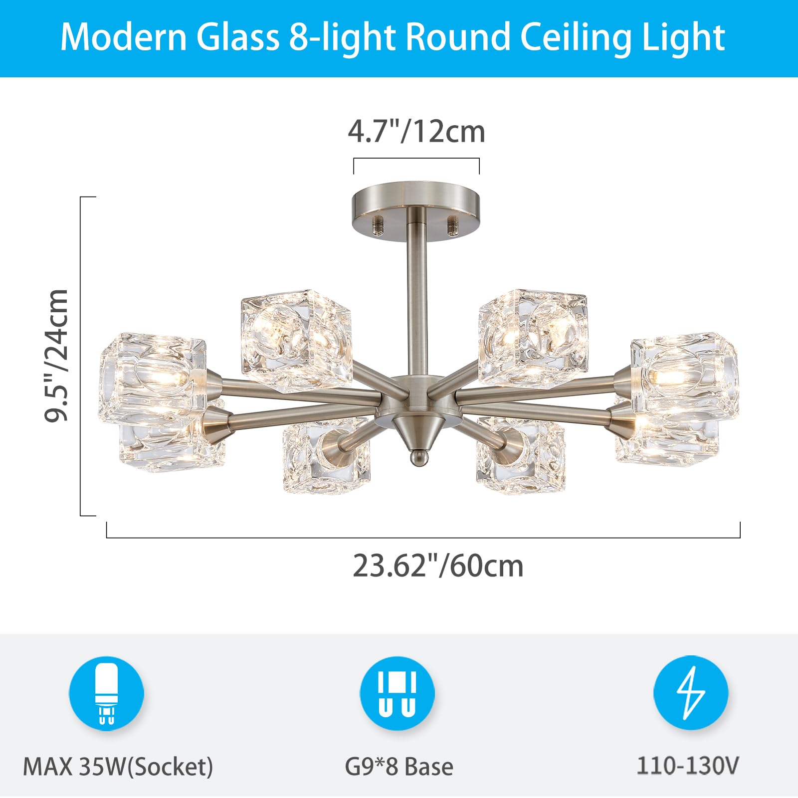 XINGQI 8-Light Sputnik Chandelier - Modern Brushed Nickel Ceiling Light for Dining Room, Living Room, Kitchen, Bedroom