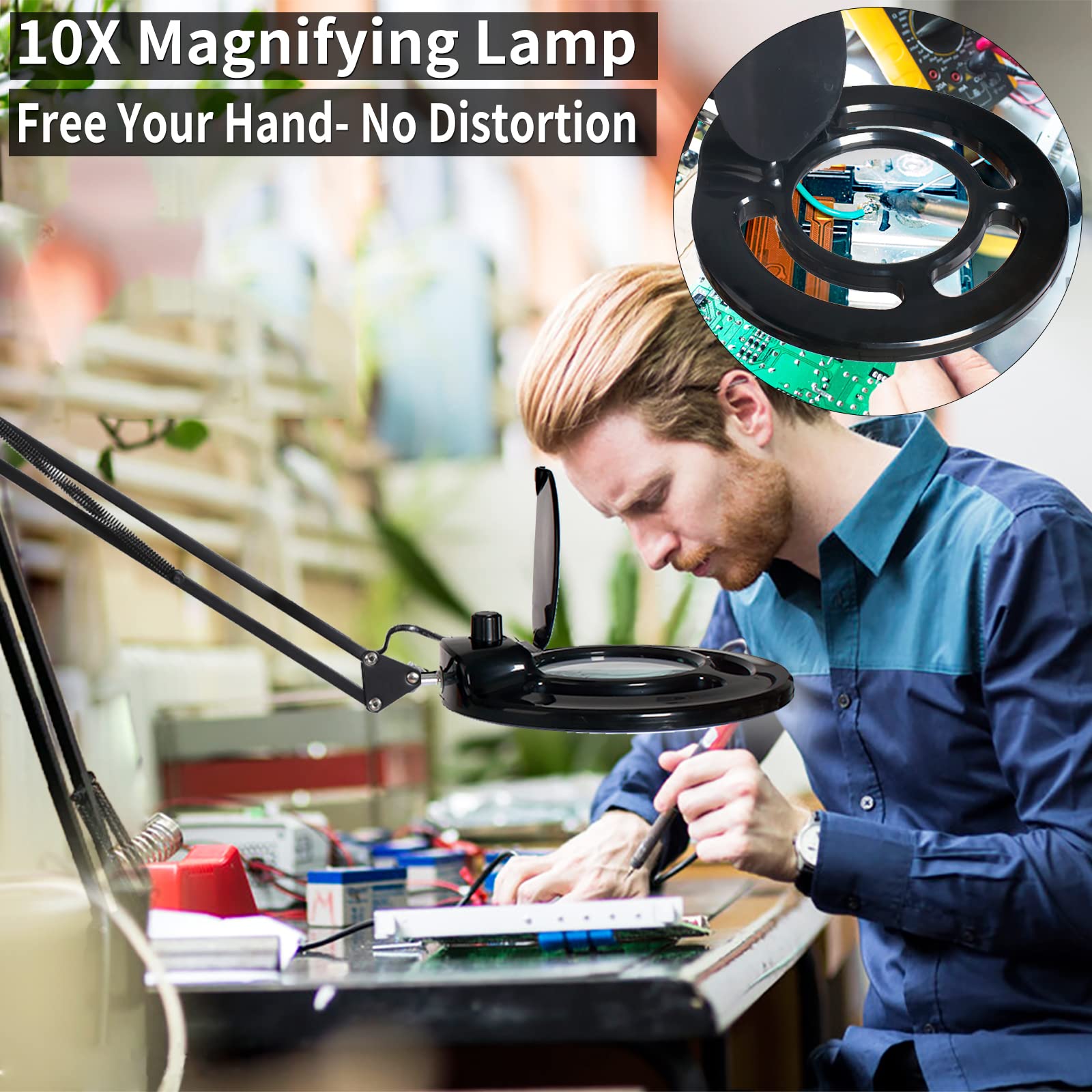 KIRKAS 10X Magnifying Glass Lamp with Light, Stepless Dimmable, Adjustable Arm, Black, Model 10X-JDD-BK