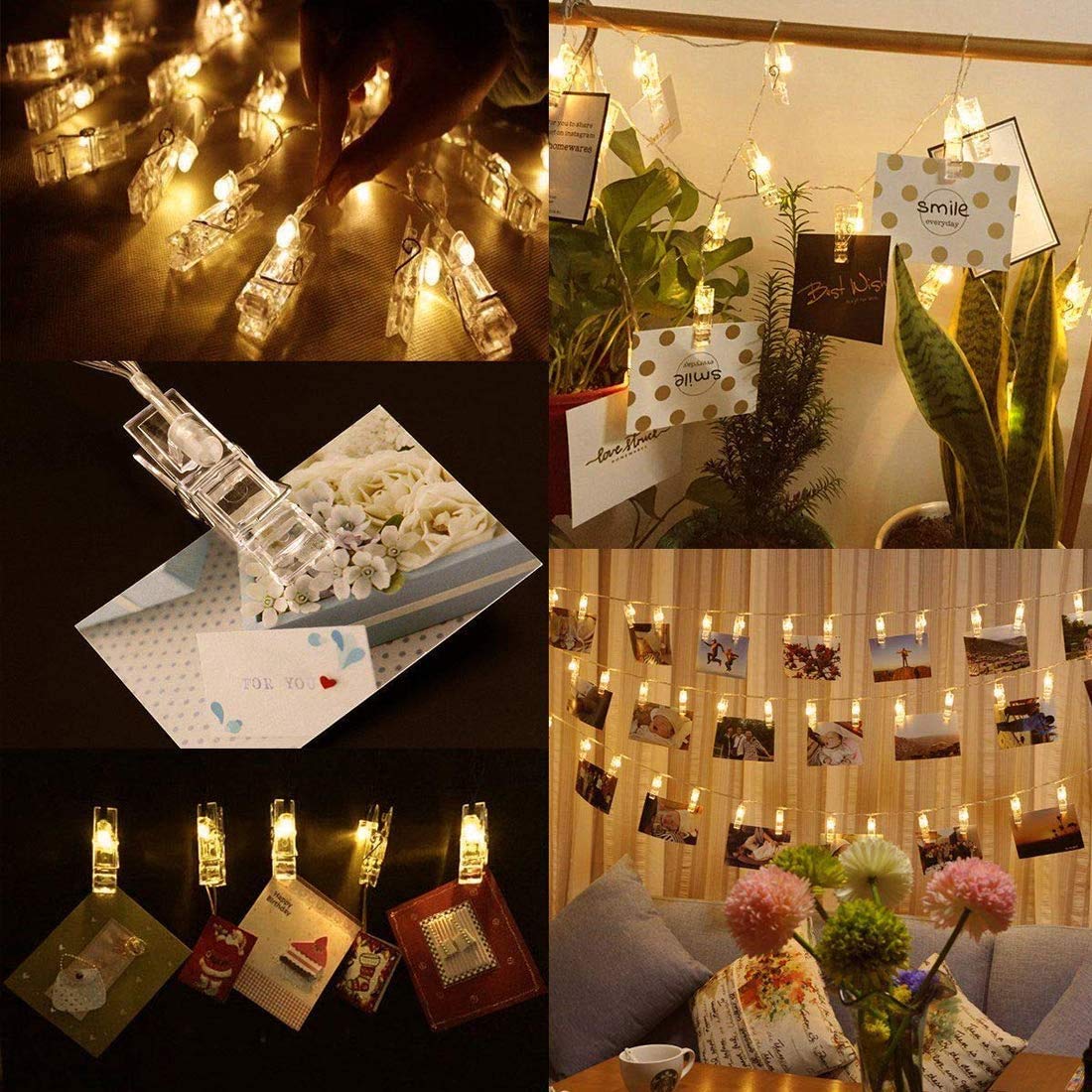 Dopheuor LED Photo Clip String Lights, 30ft Warm Yellow, Battery Powered, Plastic, Model JZD-234, Ideal for Home Decor and Celebrations