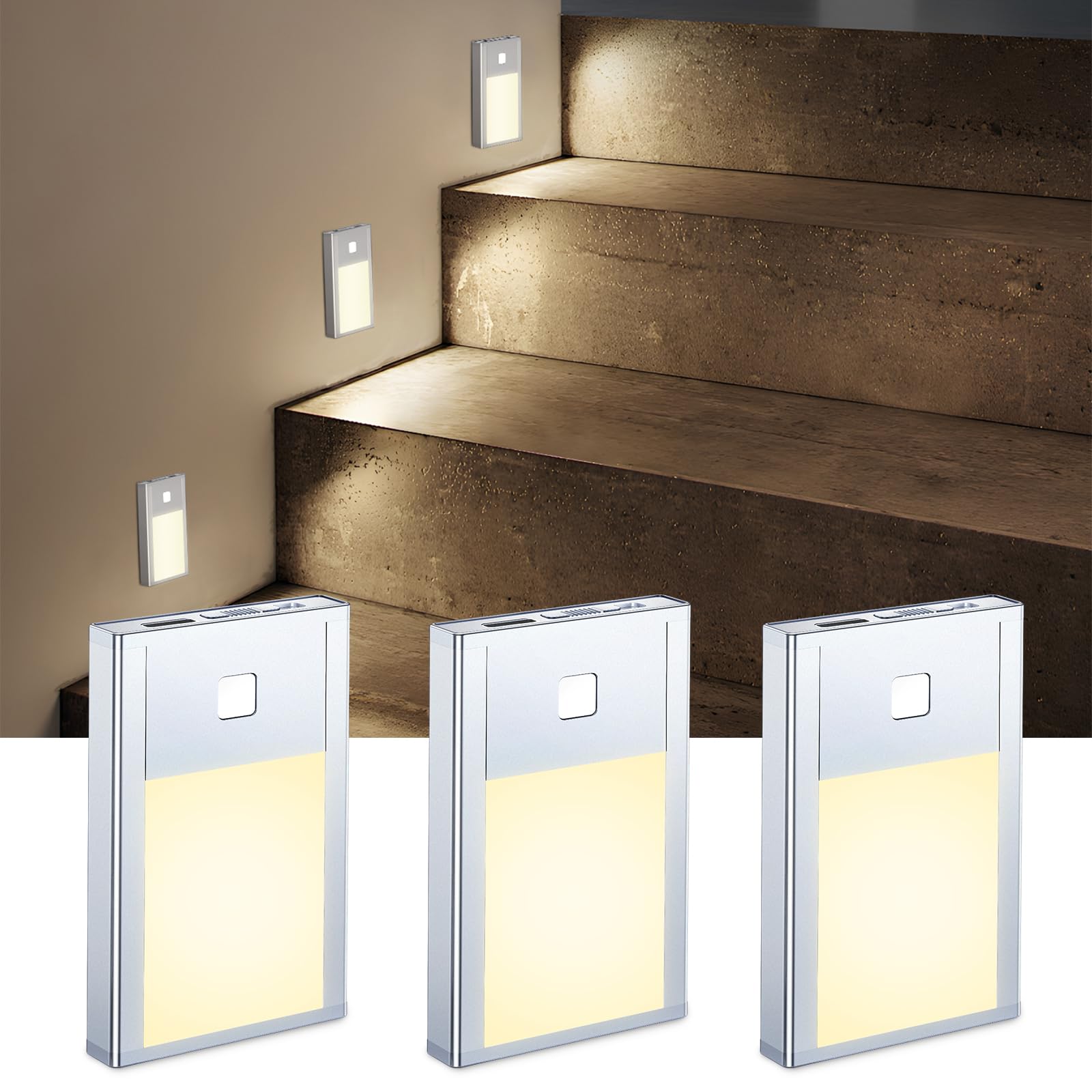 VST Motion Sensor Night Light, Rechargeable LED, 2.68in 3Pack, Silver, Aluminum, Model BT