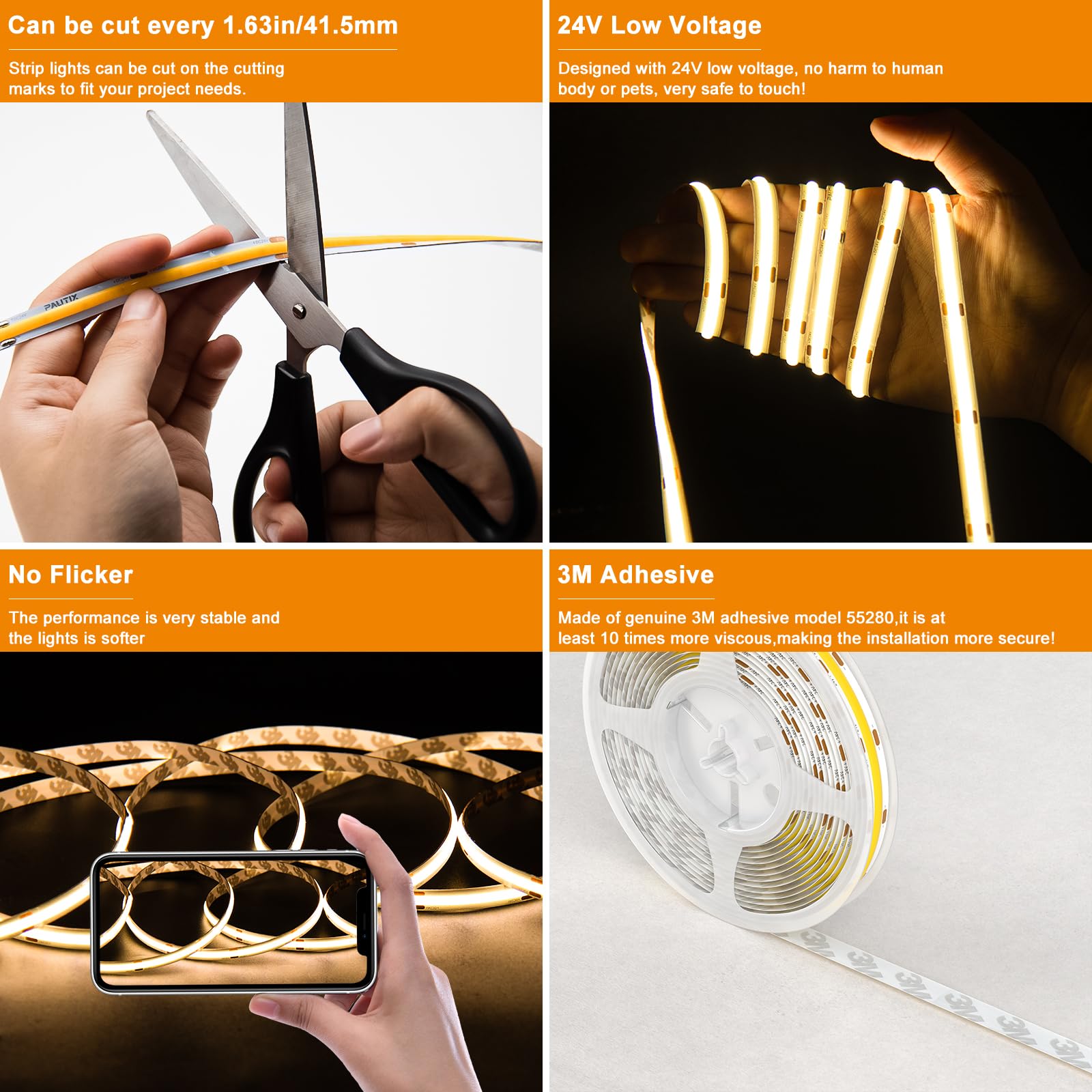 Pautix Cob Led Strip Light 20Ft/6.1M 3087Leds Warm White 2700K Cri90+ High Lumen Super Bright,Lead-Free Material Flexible Dc24V Led Tape For Home&Office Diy Lighting Project(Power Supply Not Included)