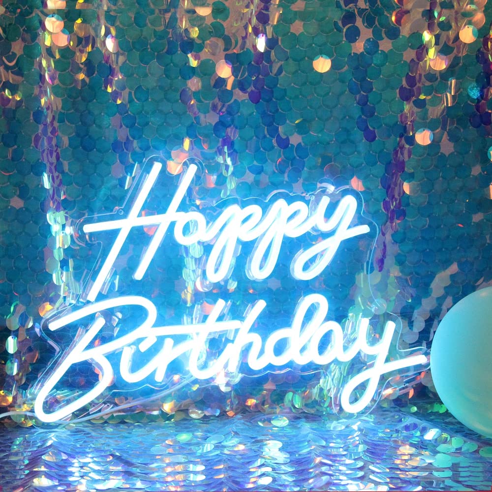 DAKABUKA LED Neon Happy Birthday Sign, Ice Blue, USB Operated, Acrylic, Model NL004-ice blue, Decorative for Party and Bedroom Wall Décor