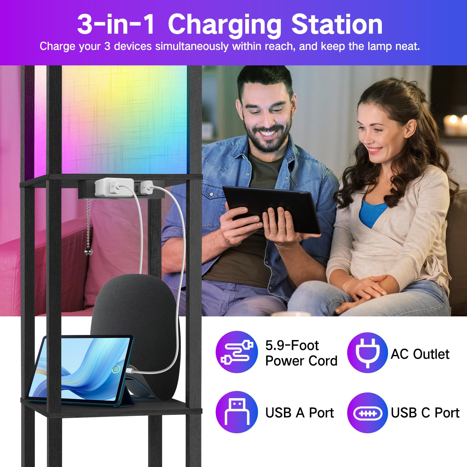 Outon Floor Lamp With Shelves, Led Dimmable Floor Lamp With Remote & App Control, Charging Station, Color Changing, Wood Column