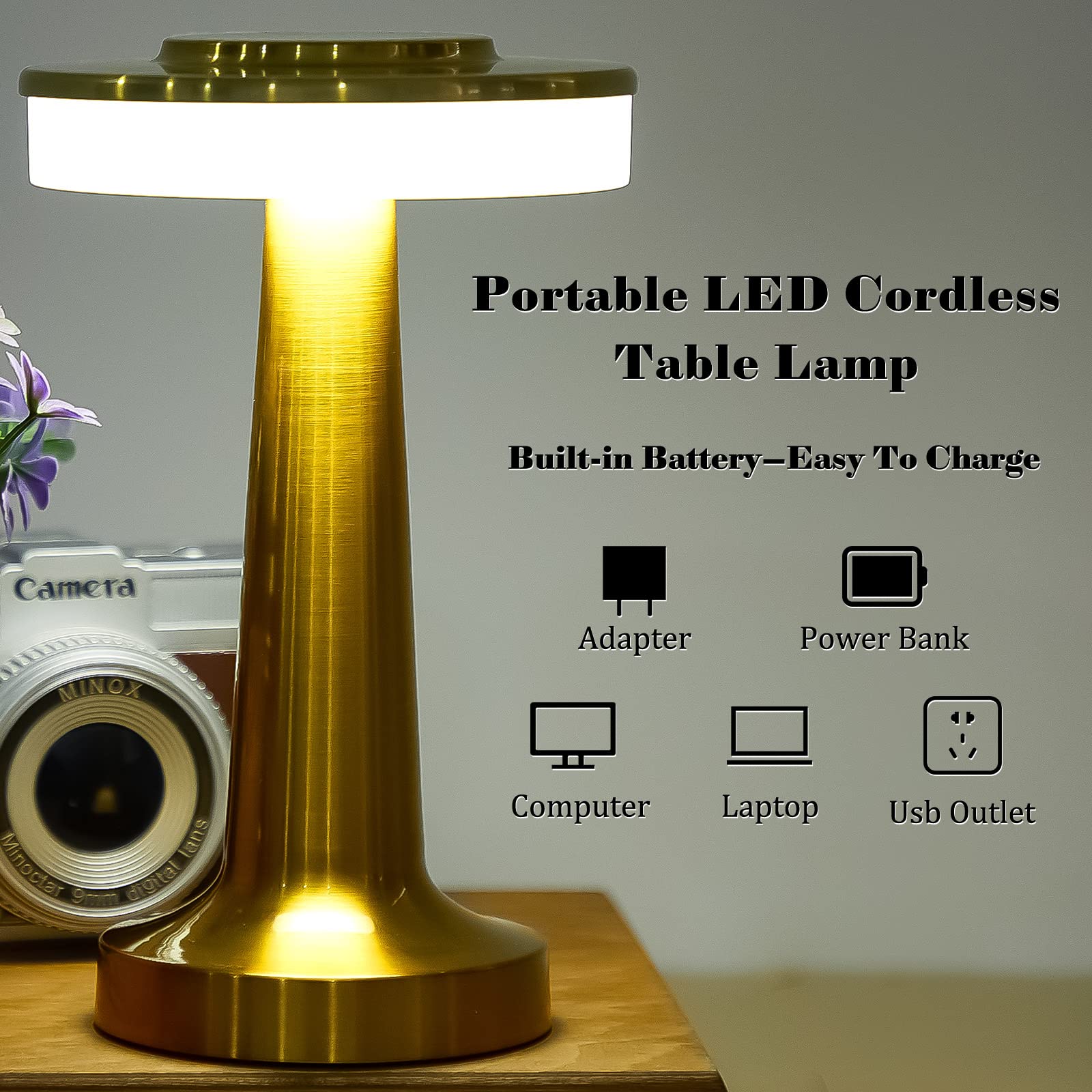 Riakrum LED Portable Metal Table Lamp, Touch Sensor, 3 Color Dimming, Rechargeable, Cordless, Gold