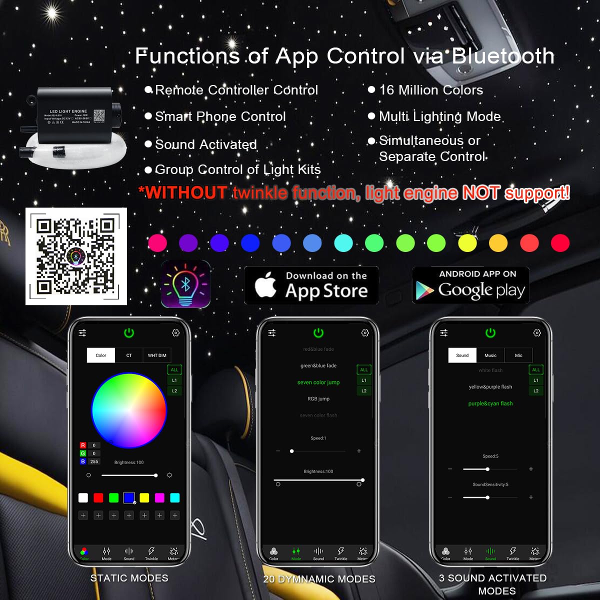 Akepo 16W Car Home Rgbw App+Music Control Fiber Optic Lights Star Ceiling Light Kit, 28Key Rf Musical Remote With Sound Sensor L