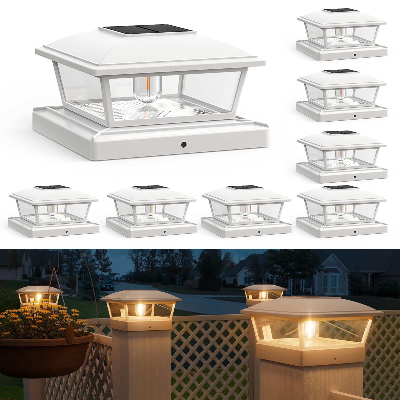 APONUO Solar Post Lights, 2 Modes, LED Bulbs, Waterproof, 8 Pack, White, for 4x4 5x5 6x6 Posts, Model 181