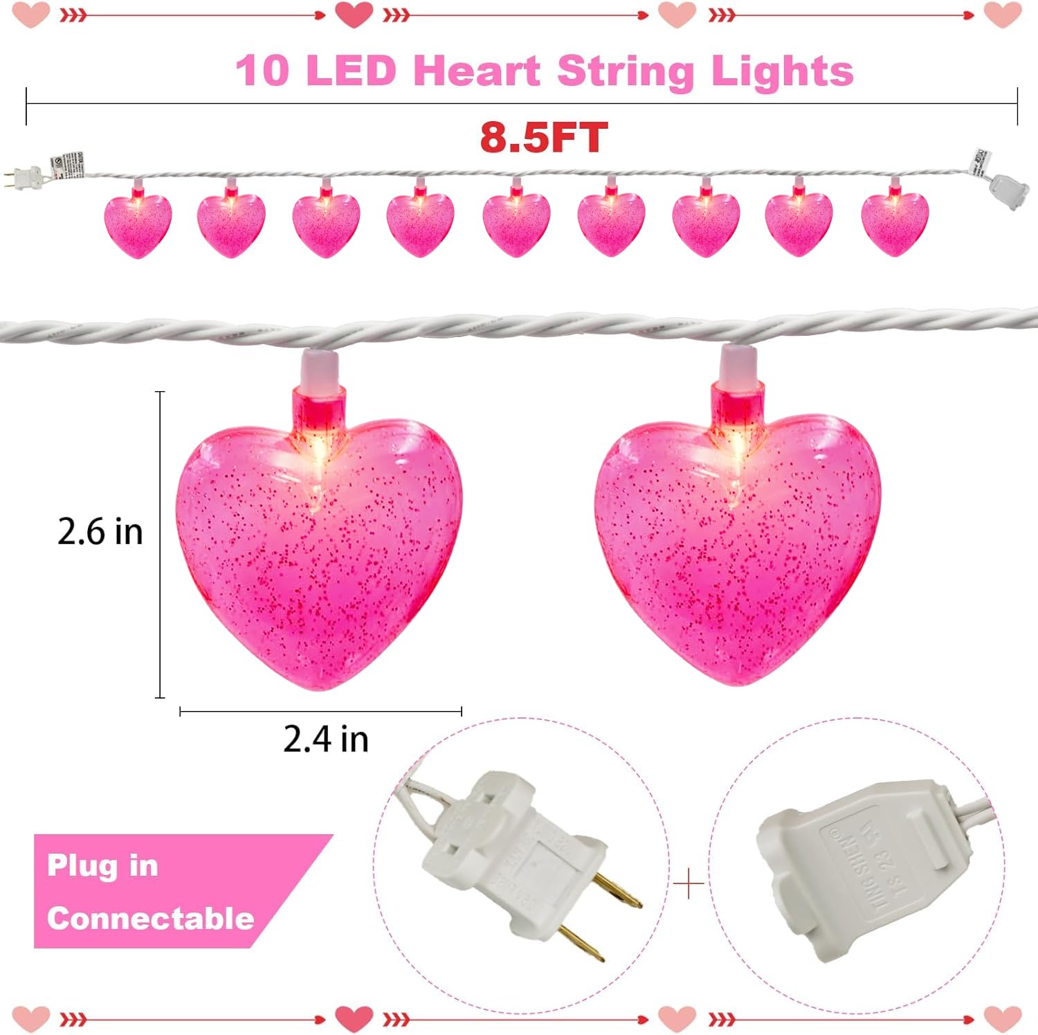 Couah Pink Heart LED String Lights - 8.5Ft Fairy Lights with 10 3D Hearts for Indoor/Outdoor Decor - Mother's Day Wedding Party Decorations