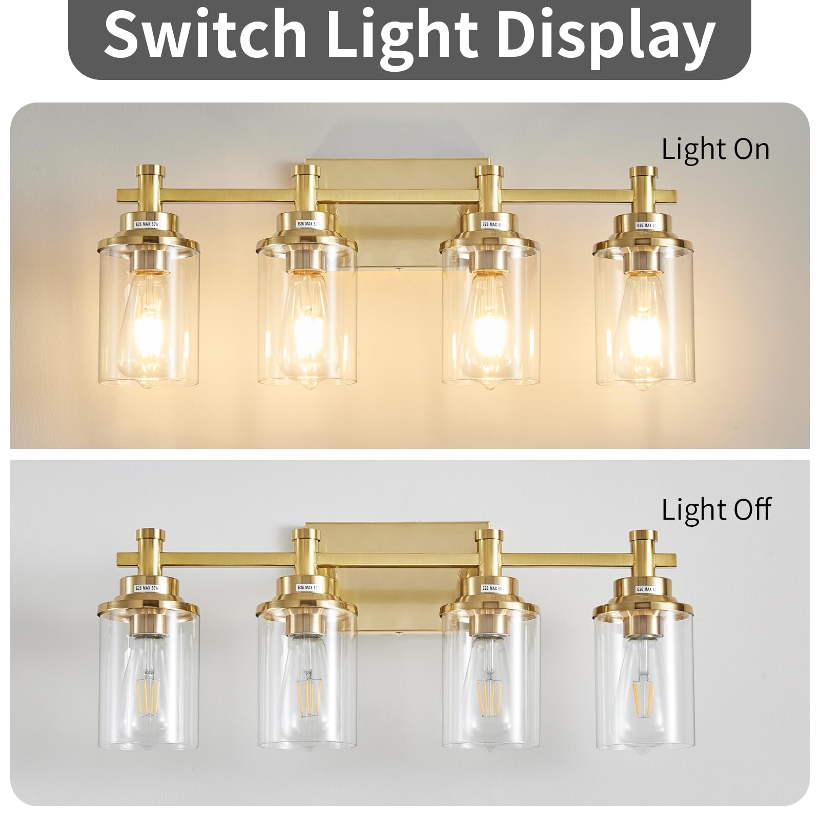 Aixialin 4 Light Brushed Brass Bathroom Vanity Light Over Mirror, Gold Bathroom Light Fixtures, Vintage Wall Sconce With Clear G