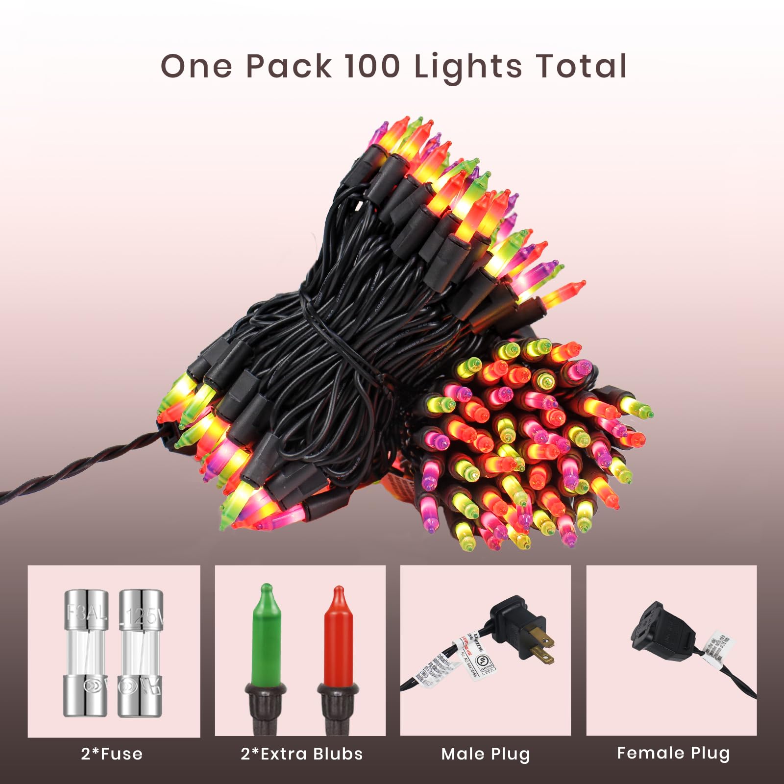 FESTIA String Lights - 100 Count Mini Incandescent, 26.5ft Black Wire, UL Listed, Purple Orange Green, Connectable up to 125ft