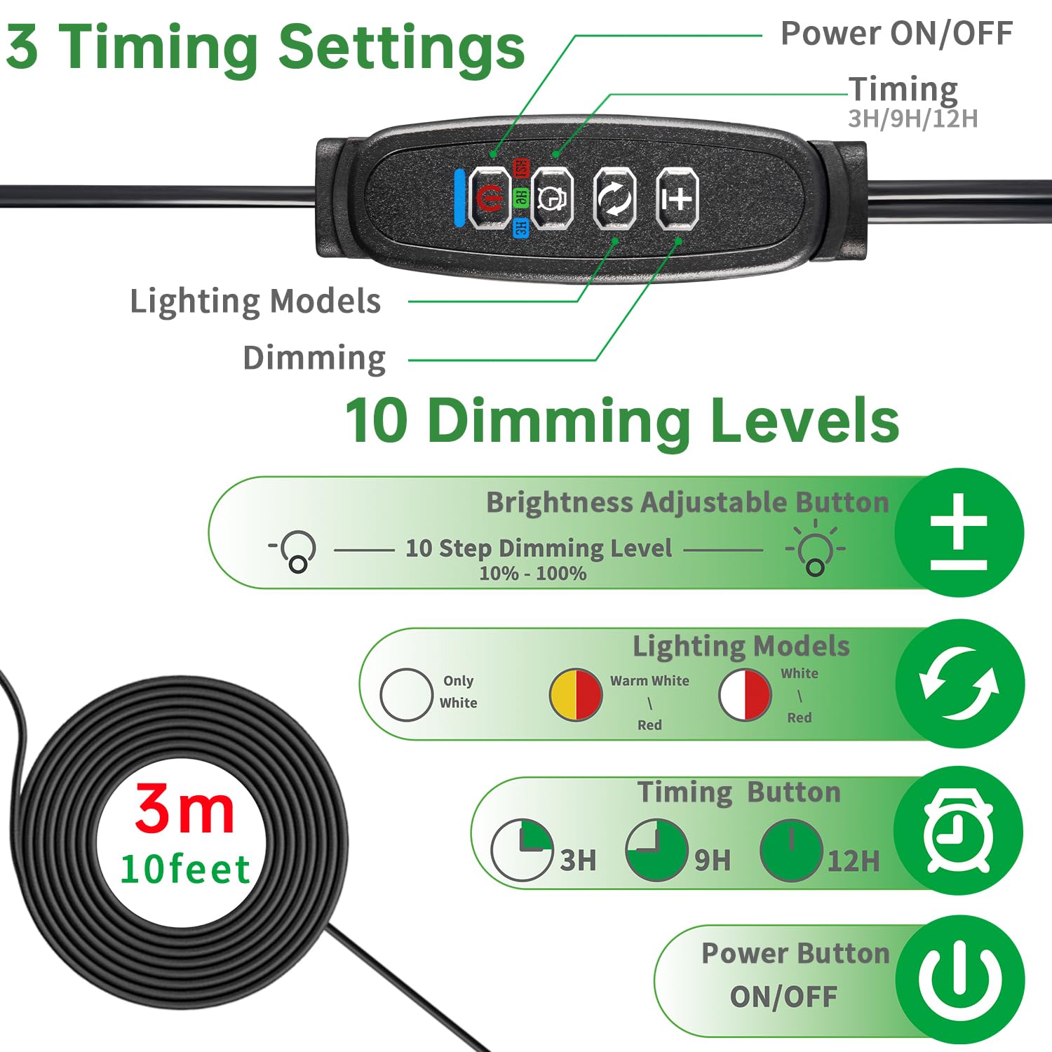 Full Spectrum 4 Heads Plant Grow Lights For Indoor Plants With 10 Feet Cables,10 Dimmable Levels And 3/9/12H Timer(Adapter Included)