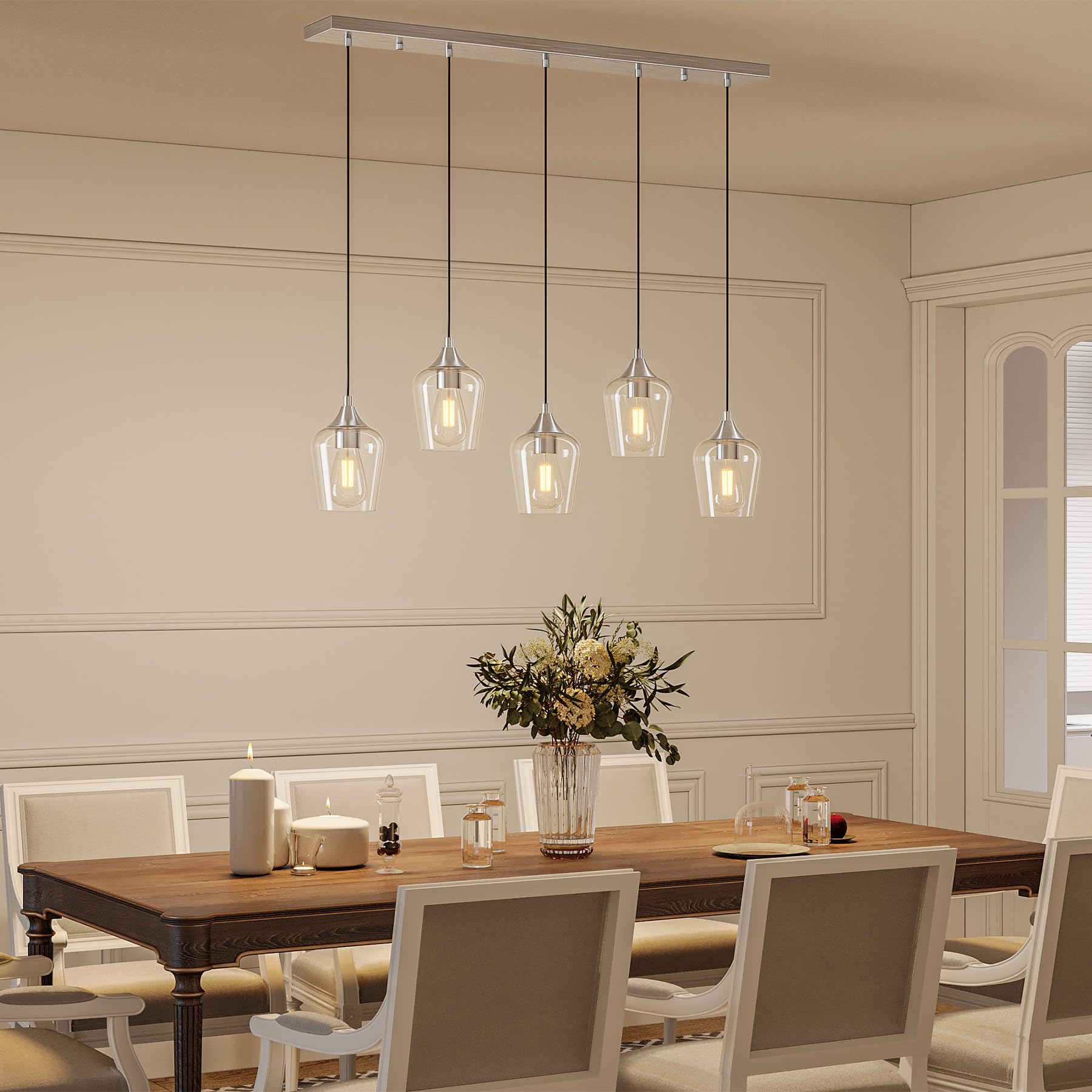 VONLUCE 5-Light Pendant Light Fixture, Modern Metal Design, Wine Glass Shades, Brushed Nickel, Adjustable 10"-55" Height, Model PDL-GLW5-NI