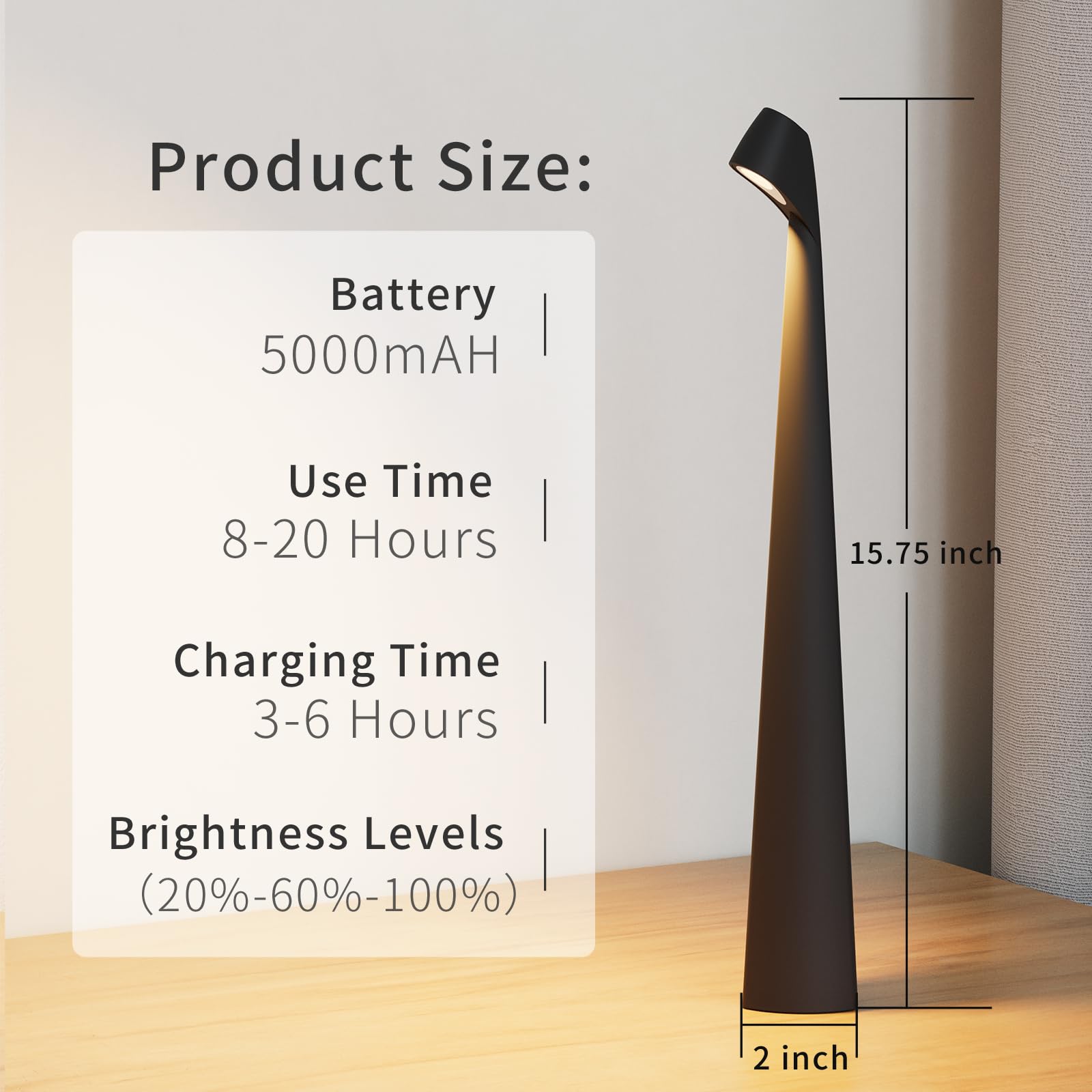 YYXGOOB Cordless Rechargeable Table Lamp, LED Touch Light, Aluminum, Model G, Black