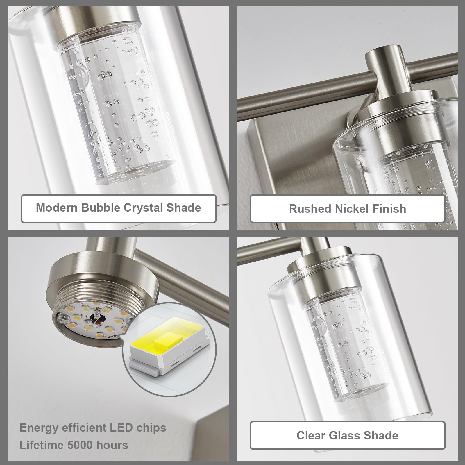 Myhaptim Bathroom Vanity Light Brushed Nickel 3 Light Bathroom Light Fixture, Clear Glass Shade, Crystal Bubble, Dimmable Led Va