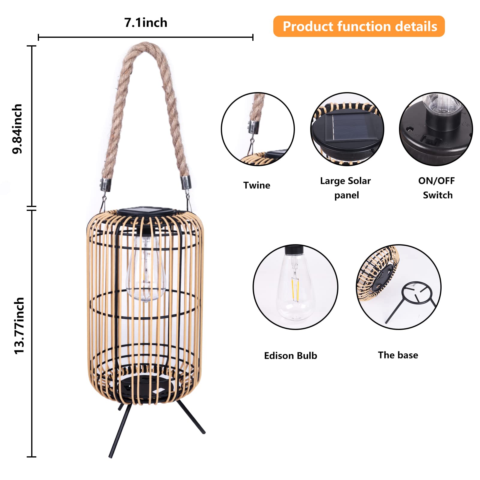 Livinlarge Solar Lantern - Waterproof Rattan Hanging Light with Handle, Bright Edison Bulb for Garden Patio Decoration, Multicolor