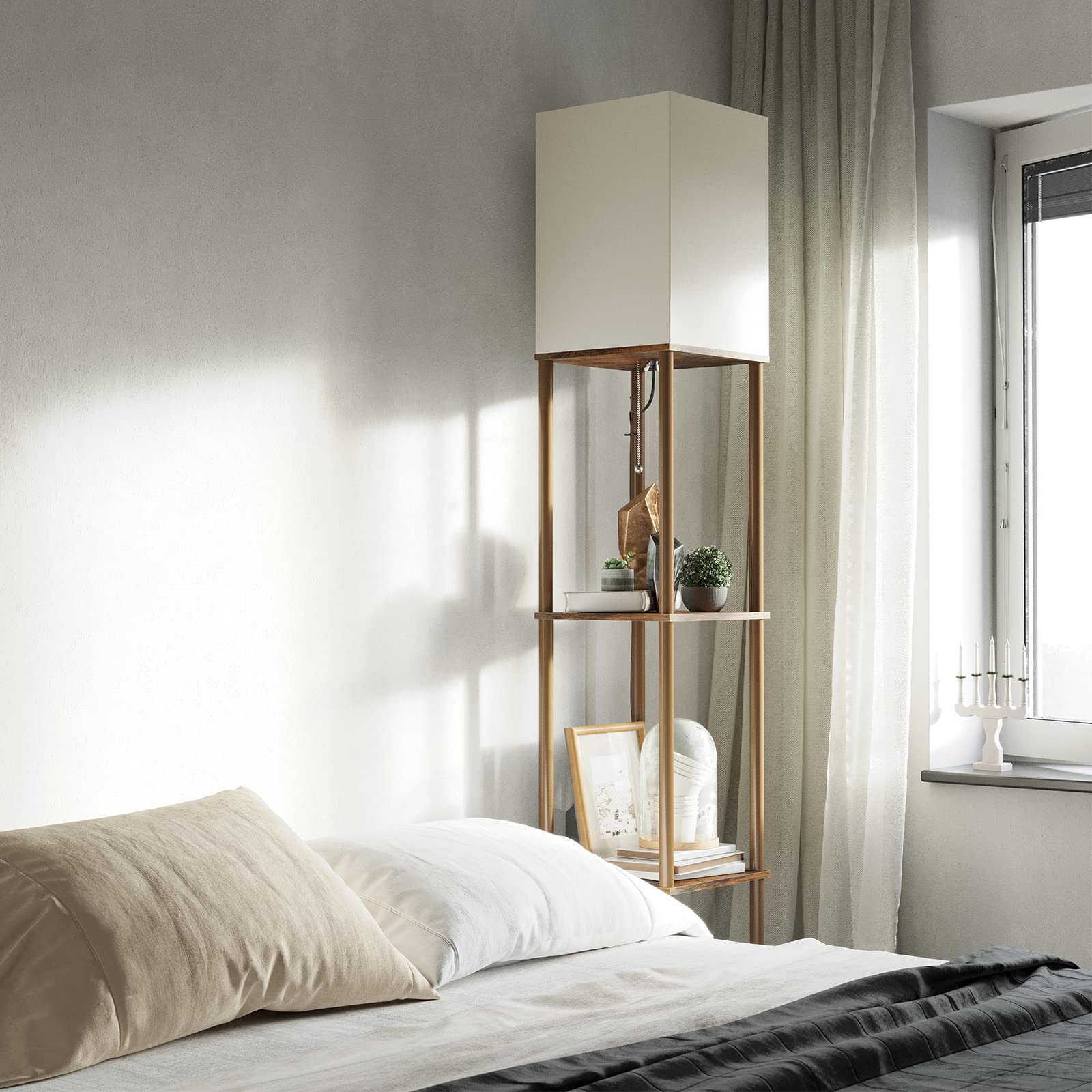 SUNMORY Floor Lamp with Shelves, Rustic Brown Metal Design, 3 Color Temperature Bulb, Ideal for Living Room and Bedroom