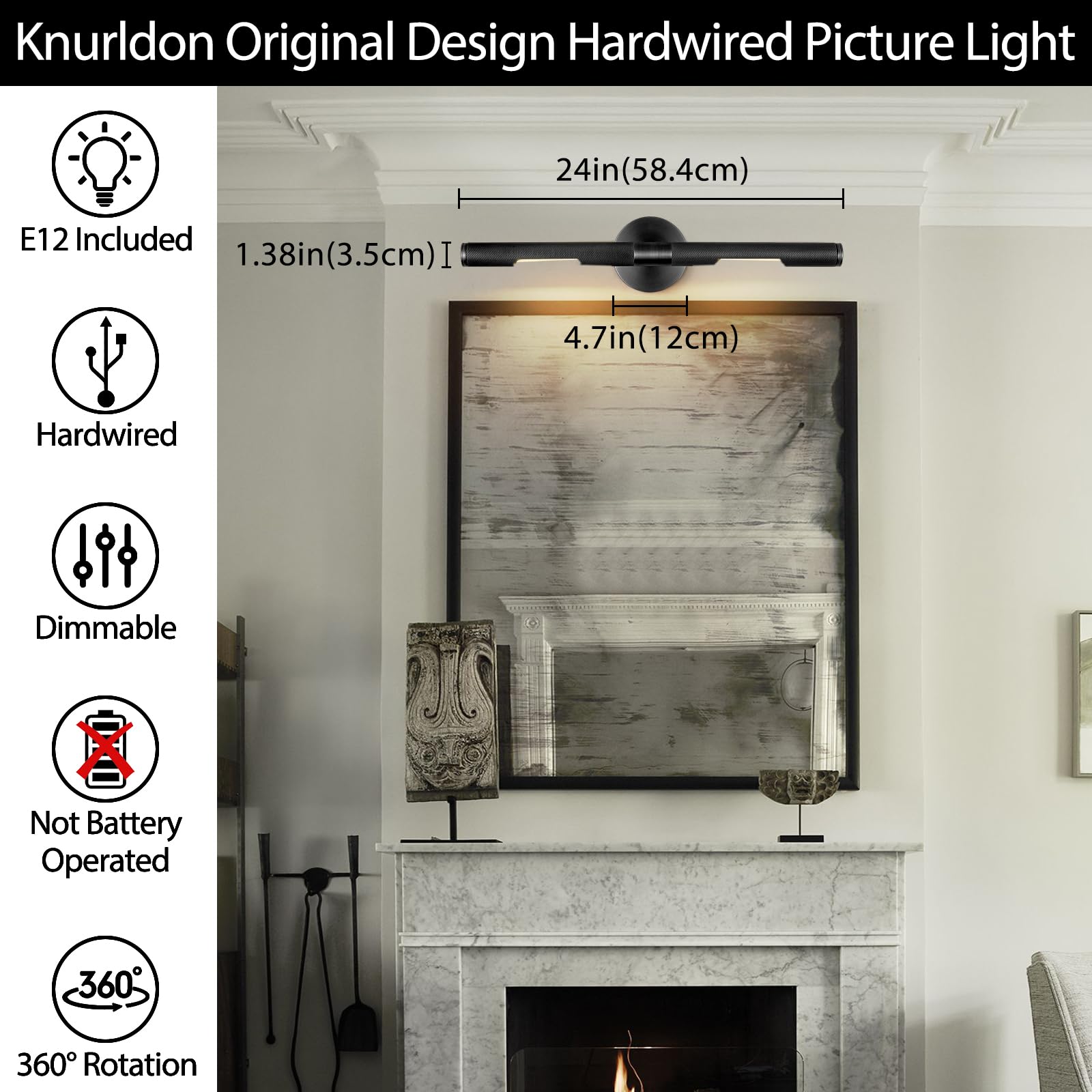 Knurldon Hardwired Black Brass 24'' Knurled Picture Light, Dimmable Rotatable 360Picture Light For Wall, Vanity Light, Gallery W