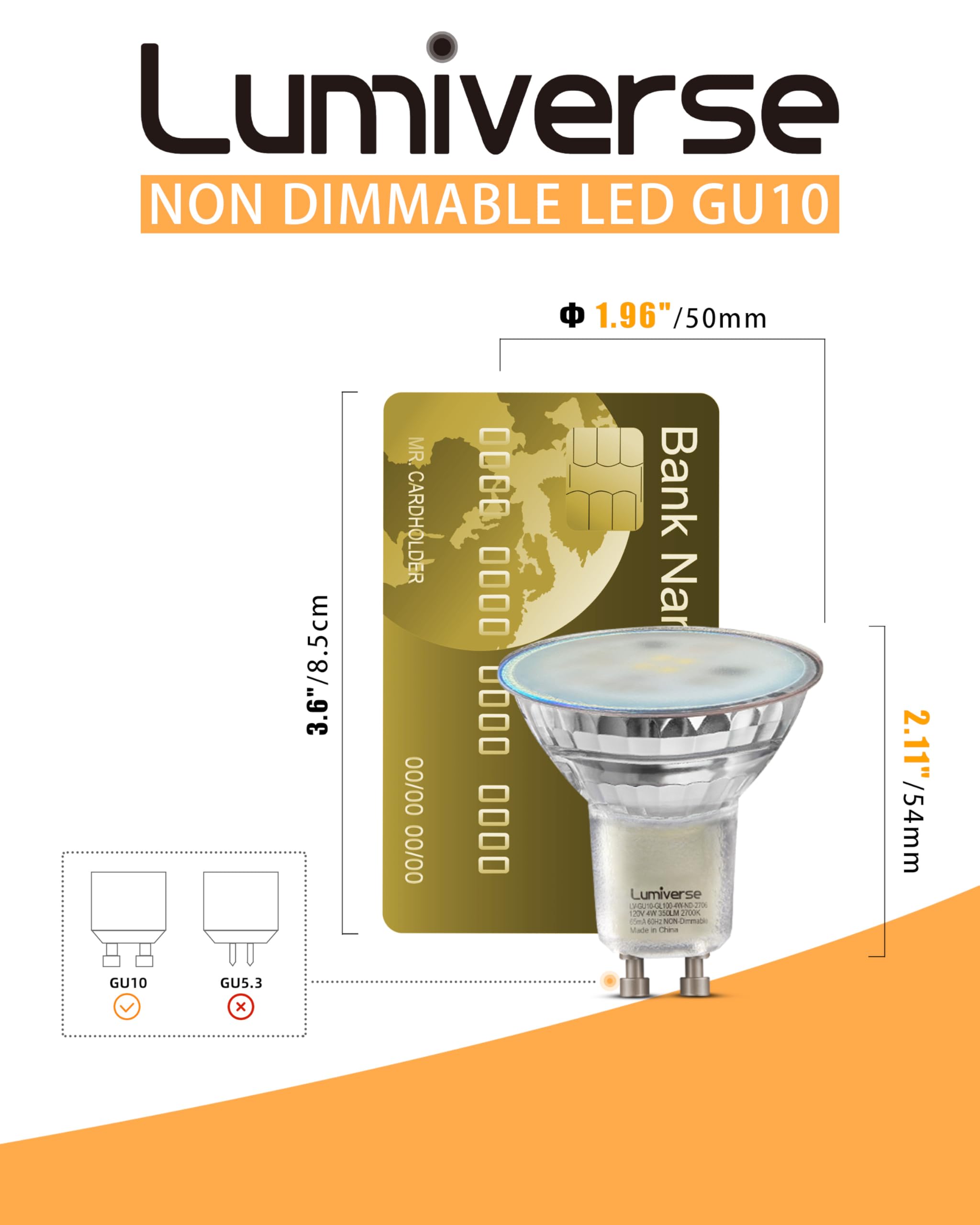 Lumiverse GU10 LED Light Bulbs, 4W, 350lm, Soft White, 6 Pack, Model LV-GU10-GL100-4W-ND