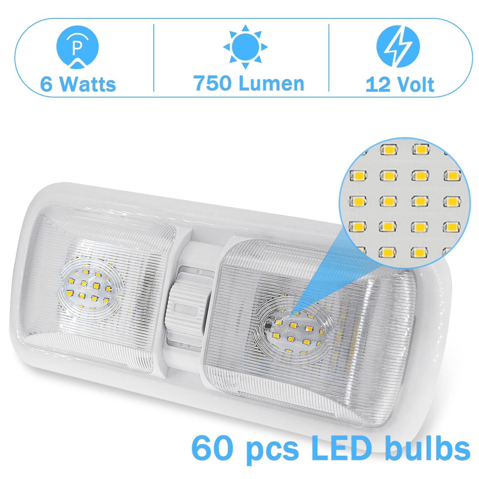 Miady RV LED Ceiling Light, 750 Lumens, Double Dome, Natural White 4000-4500K, 2-Pack, Square