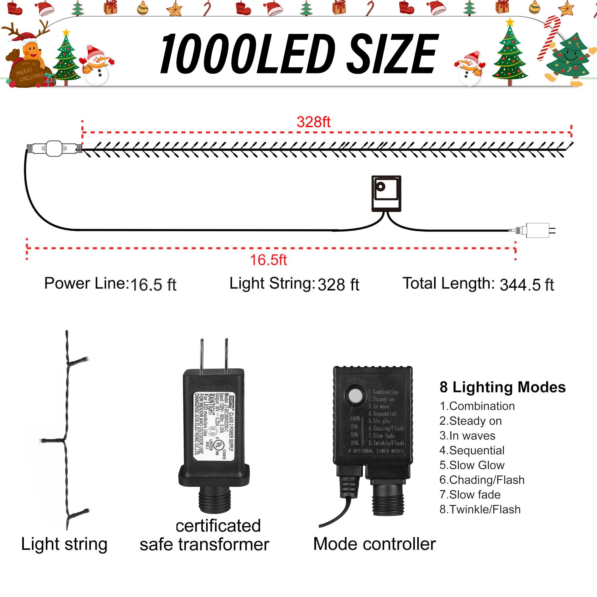 Weillsnow 328 Ft 1000 Led Christmas String Lights With Remote & Timer, 8 Lighting Modes Twinkle Lights, Waterproof Fairy Lights