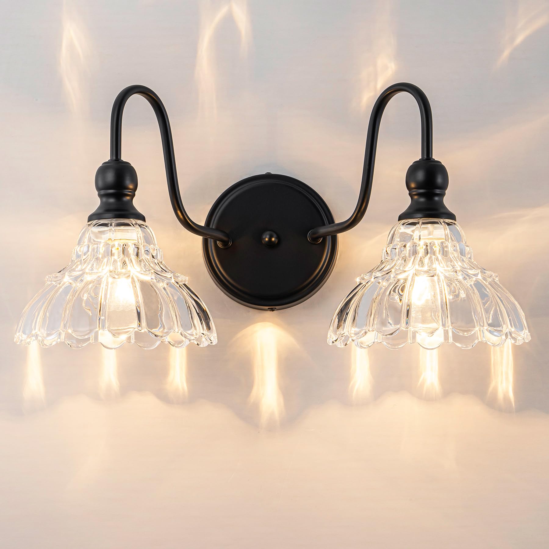 Brknit Vintage Bathroom Light Fixtures Over Mirror  2-Light Black Wall Sconce Lighting With Flower Glass Shade  Farmhouse Vanity Lights For Bedroom Kitchen Living Room Hallway Light