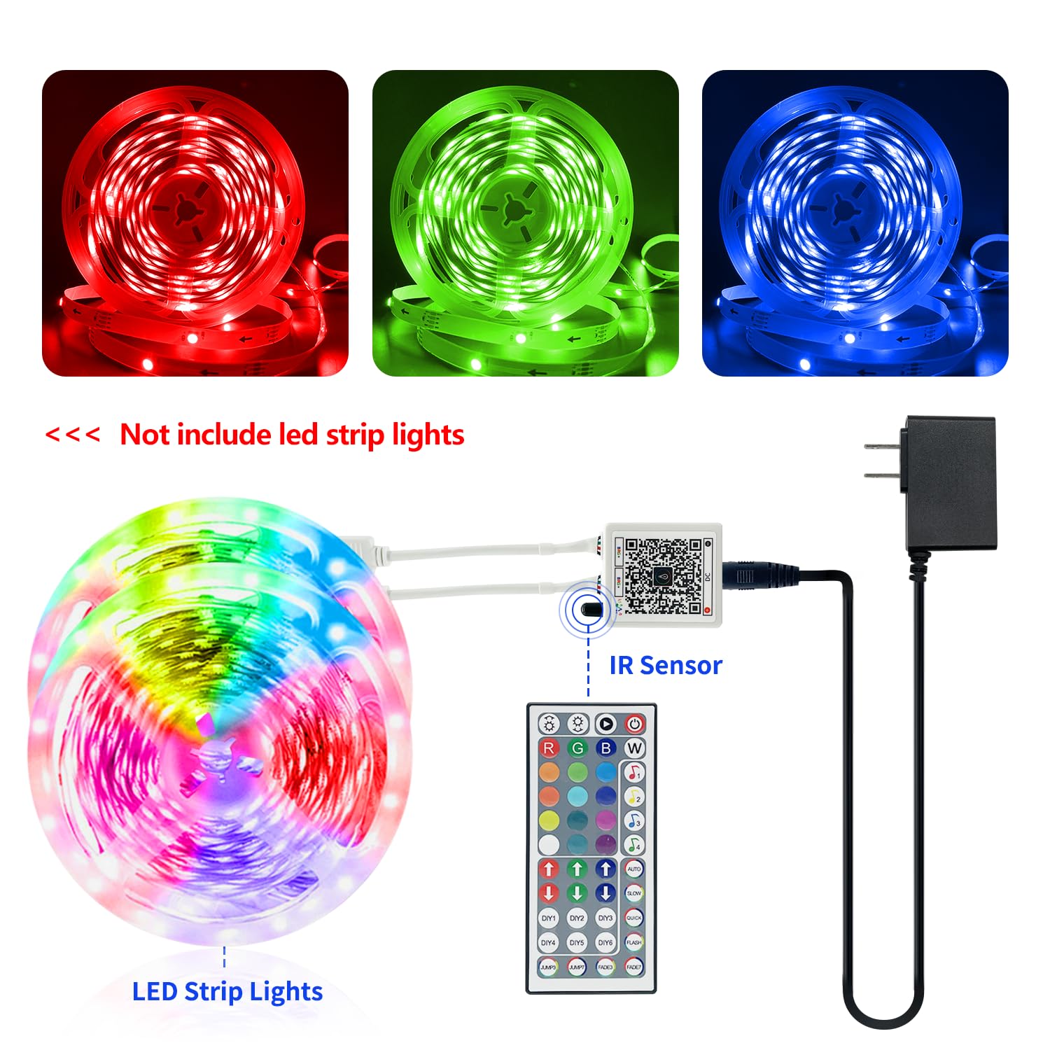 44 Key Rgb Led Strip Lights Ir Remote Control, Remote Receiver For Rgb Led Light Strip, 24V Power Adapter For Led Lights