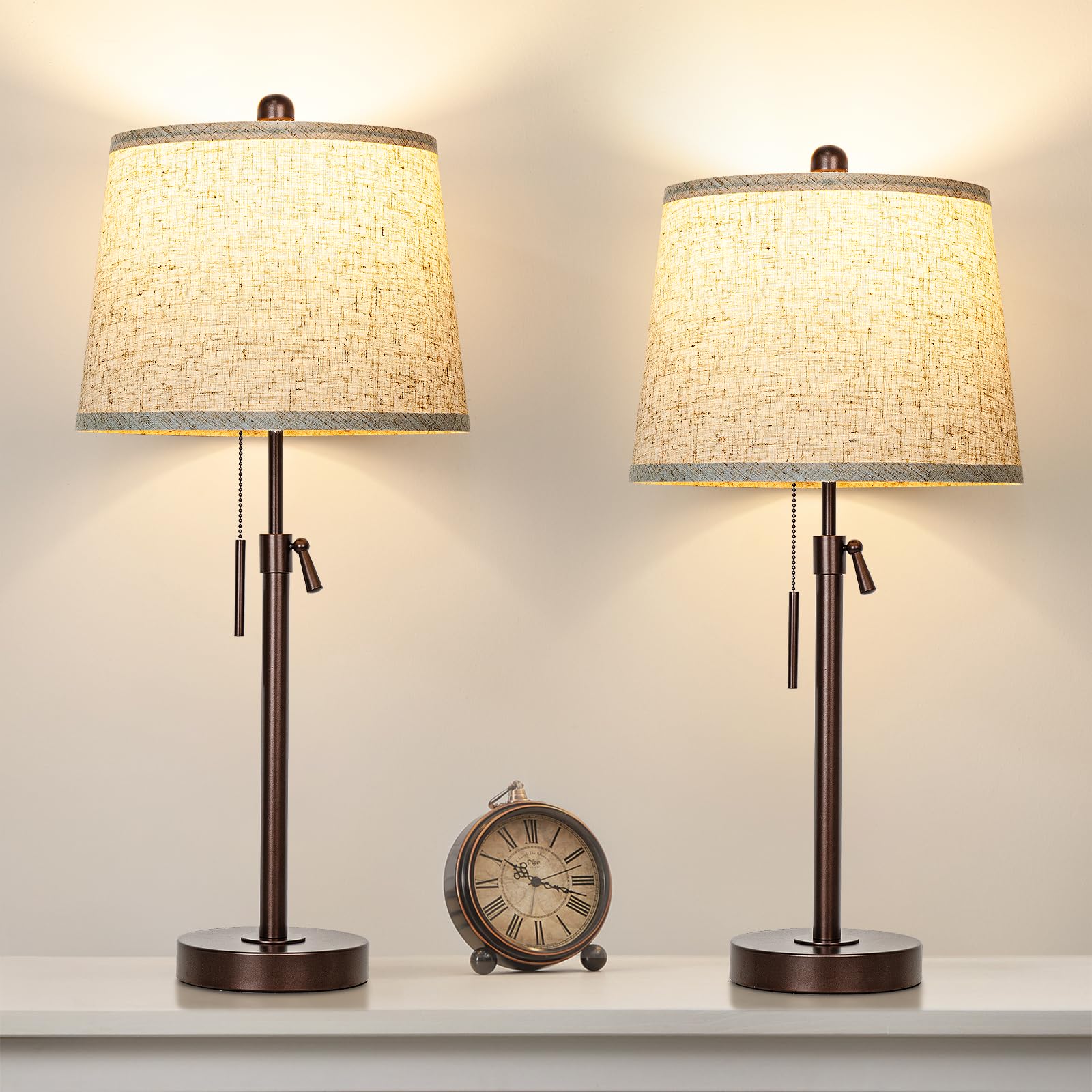 Table Lamps Set Of 2, 22" To 30"Adjustable Height Bedside Lamps For Living Room 3 Color Temperatures Tall Nightstand Lamps Modern Brown Table Lamp For Bedroom Office End Table (Bulbs Included)
