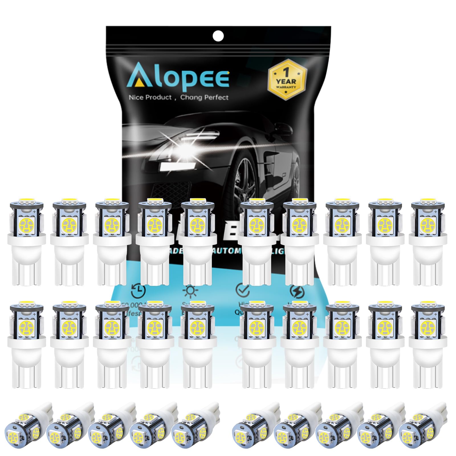 Alopee Led 194 Bulb White 6500K T10 Wedge Led Lights 5Smd 5050 Chips 12V Replacement For 158 168 193 198 2825 W5W Interior Car L