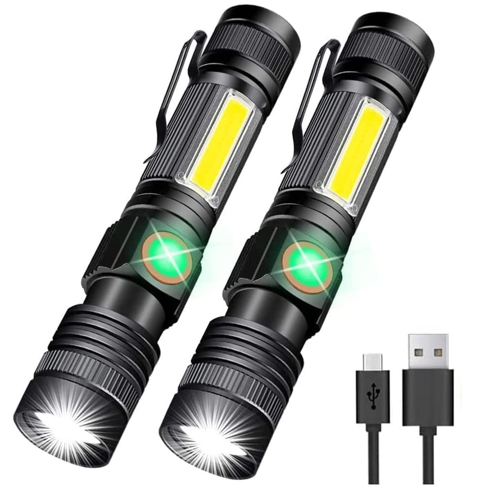 Hoxida USB Rechargeable Magnetic LED Flashlight, 2000LM Waterproof, Zoomable, 2-Pack, Stainless Steel