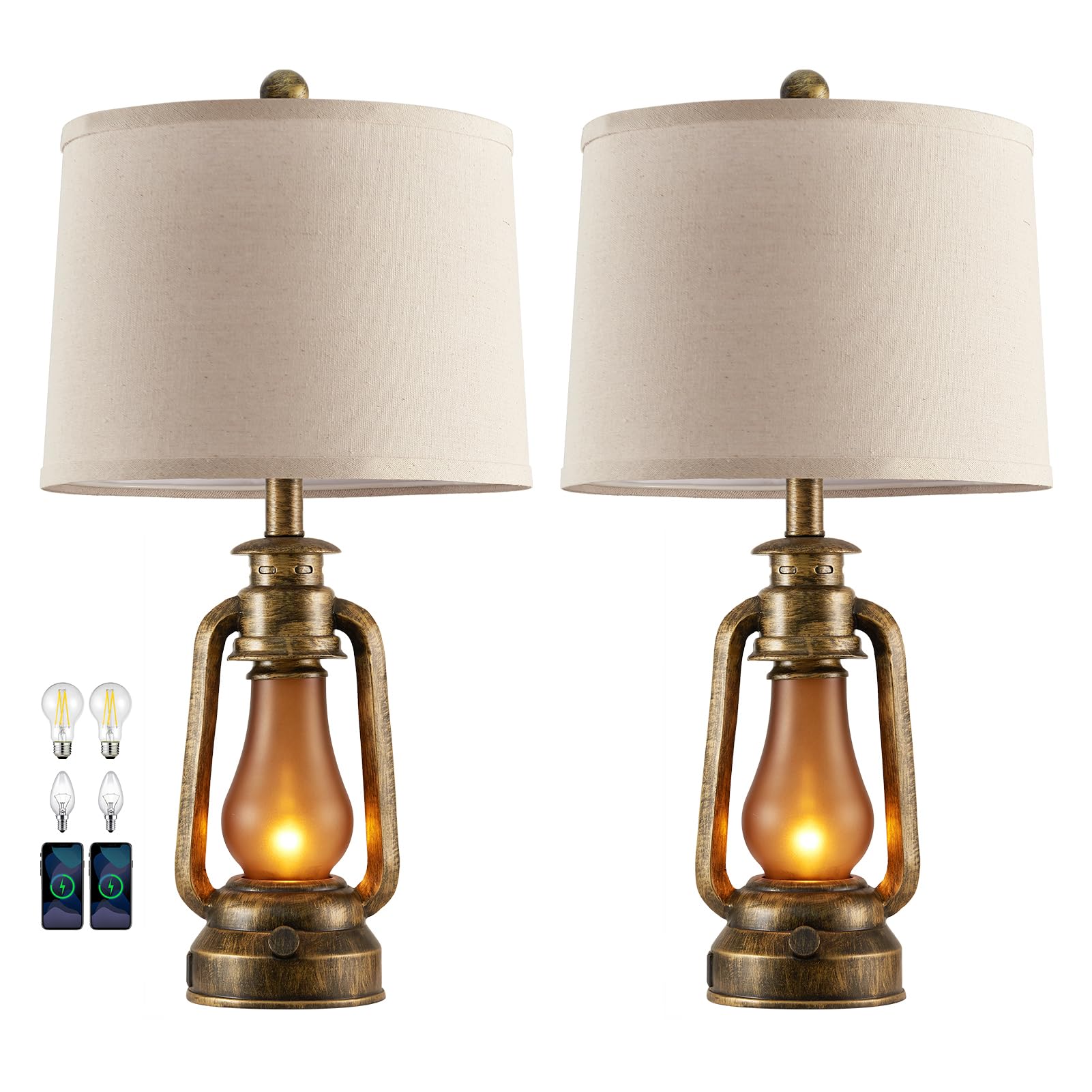 Roriano 25 Set Of 2 Rustic Lantern Table Lamps For Living Room Bedroom  2 Usb Ports Farmhouse Vintage Bedside Desk Lamp Nightlight For Entryway Office End Table  4 Bulbs Included