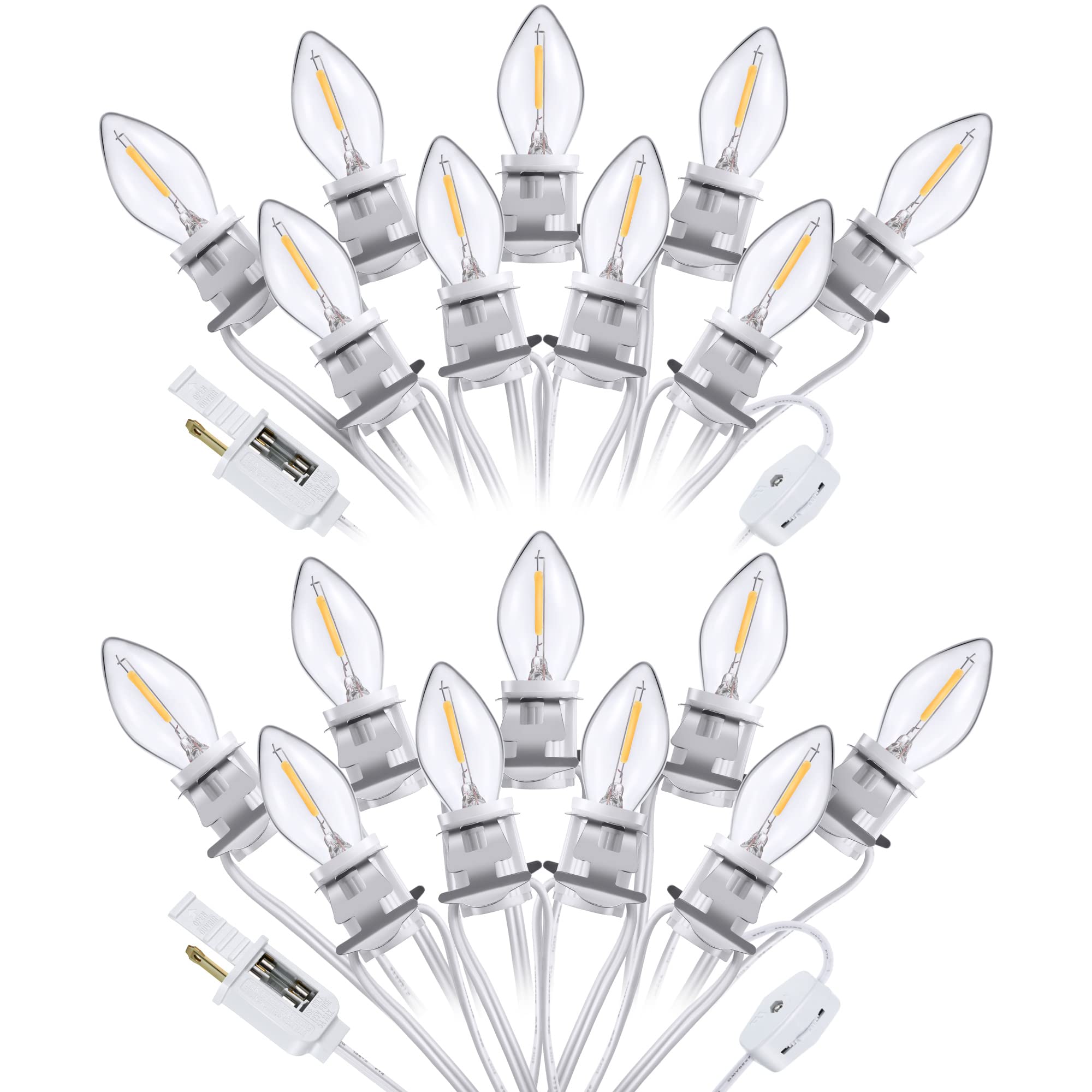 Meonum 2 Pack Accessory Cord with 18 LED Light Bulb C7 Cord Clip Christmas Village Lights with Double Spare Fuse Blow Mold String Lights Decoration for Xmas Village House Pumpkin Crafts