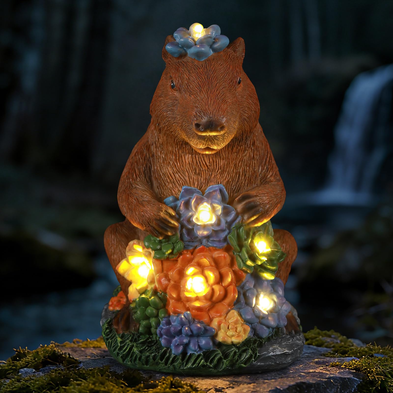 Ayadon Solar Capybara Statue Outdoor Decor, Capybara Figurines with Flower LED Light, Zen Friend for Patio Pond, Yoga Garden Spa