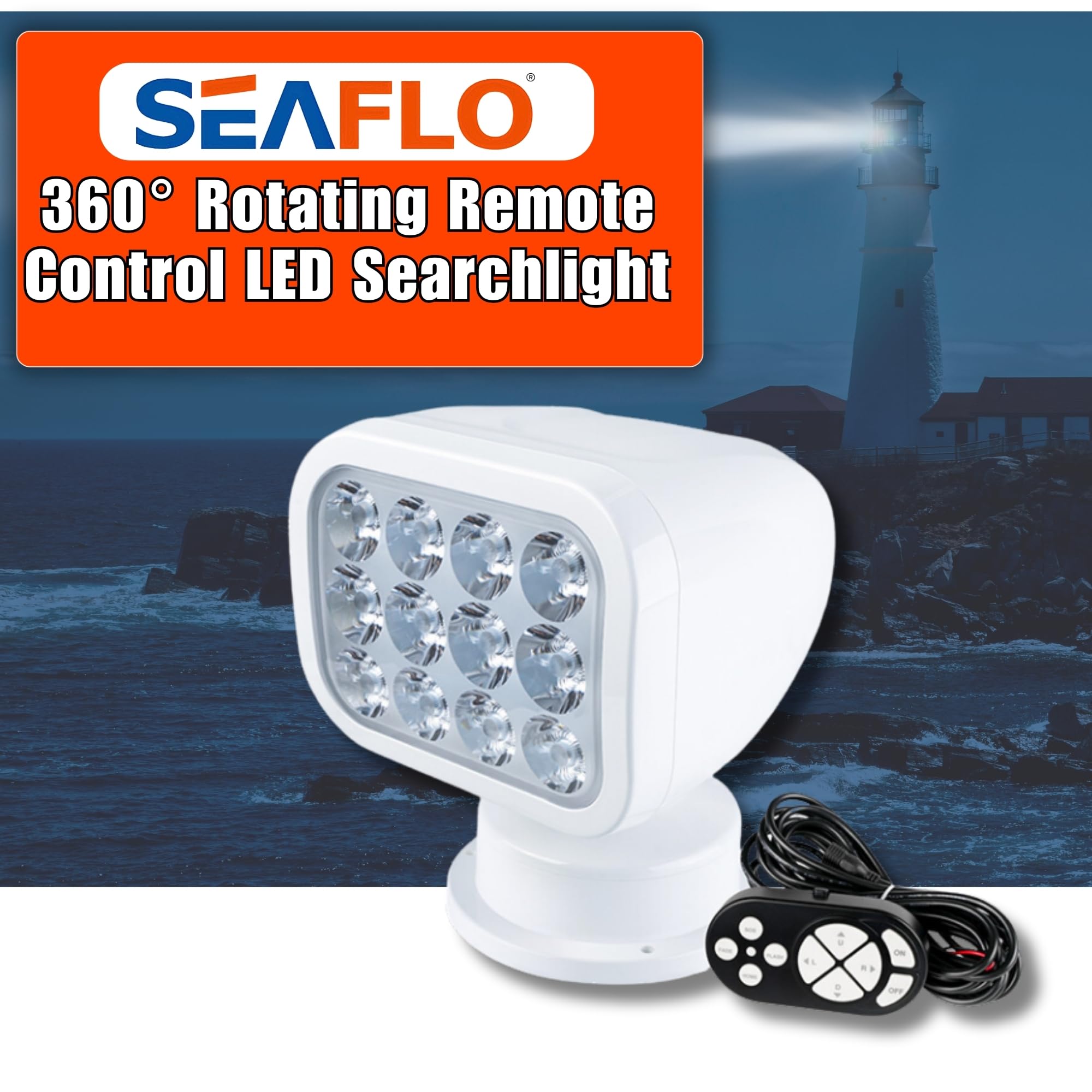 SEAFLO 360° Rotating Remote Control LED Searchlight, IP66 Waterproof, 5500K White Light, Wired Remote, Model SFSL-2700W-01W