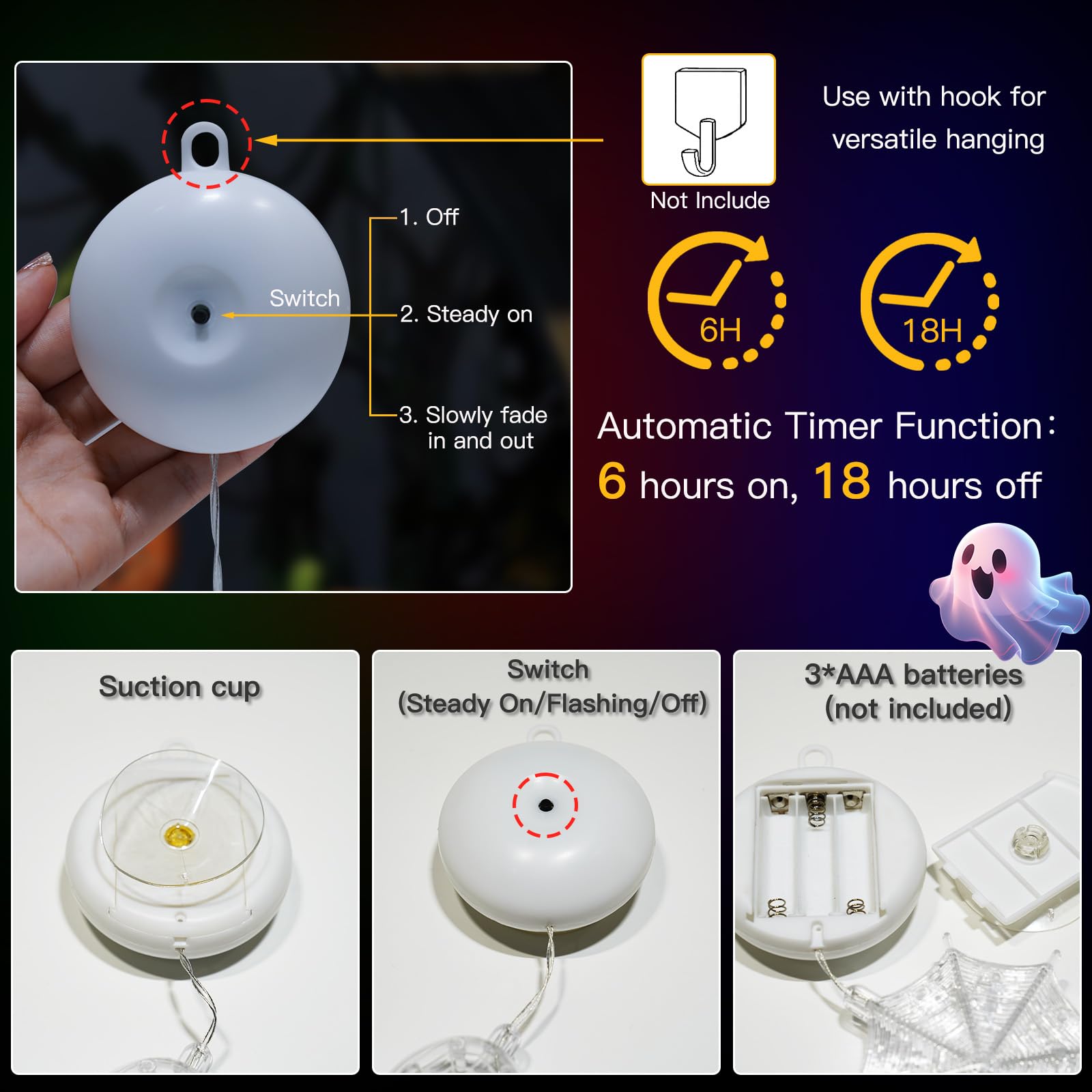 suddus Halloween Window Lights - 3 Pack Battery Operated with Timer - Orange Pumpkin, Purple Spider & White Ghost Decorations