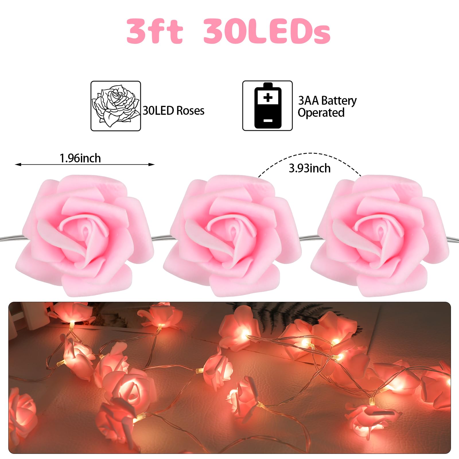 CCINEE 9.8Ft Pink LED Rose Flower String Lights?30 LED Flower Fairy String Lights Battery Operated Artificial Flowers Garland Li