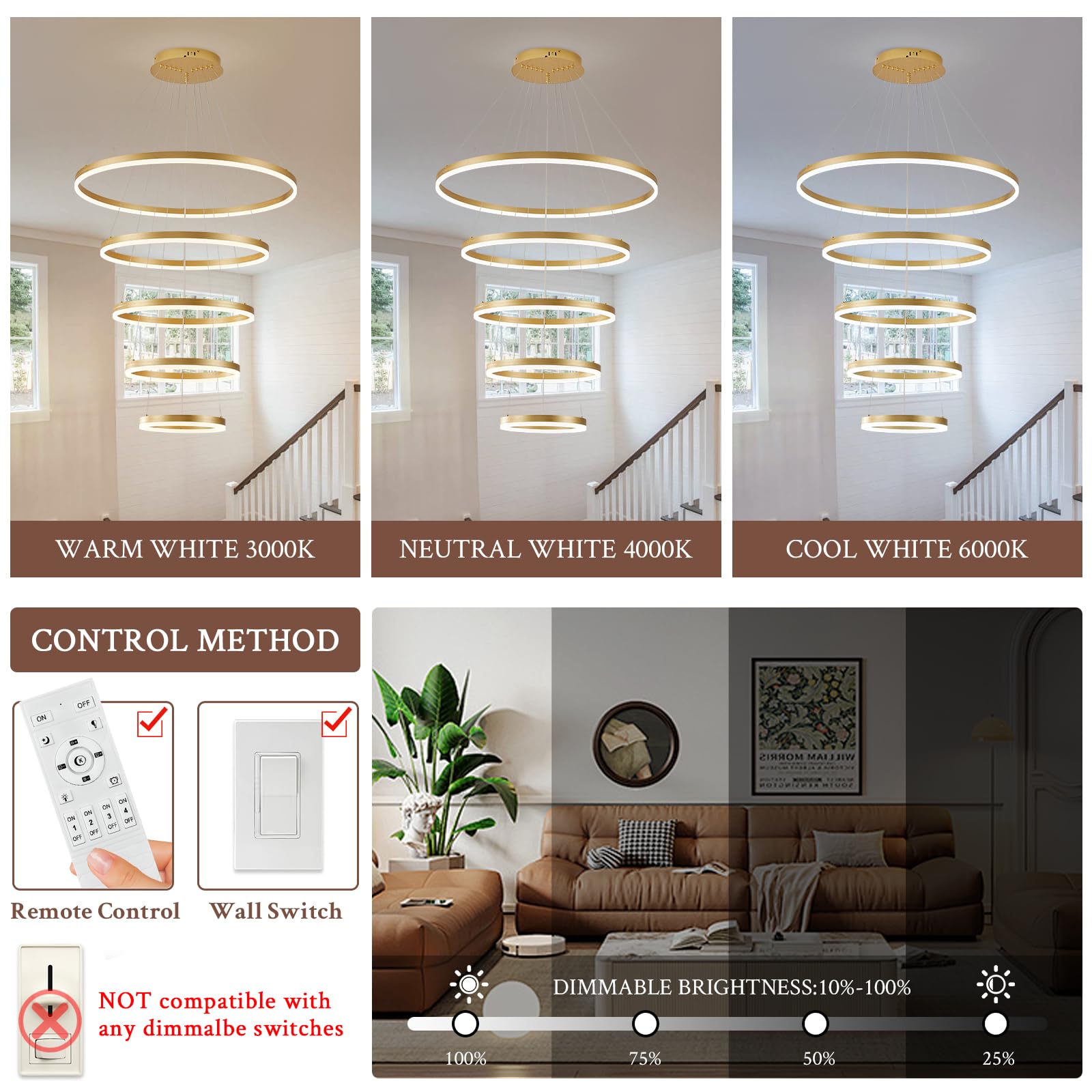 Sparklelf LED Chandelier, 5 Rings 31.5in, Gold, Dimmable, Remote Control, 3000K-6500K, Modern Design for Entryway, Living