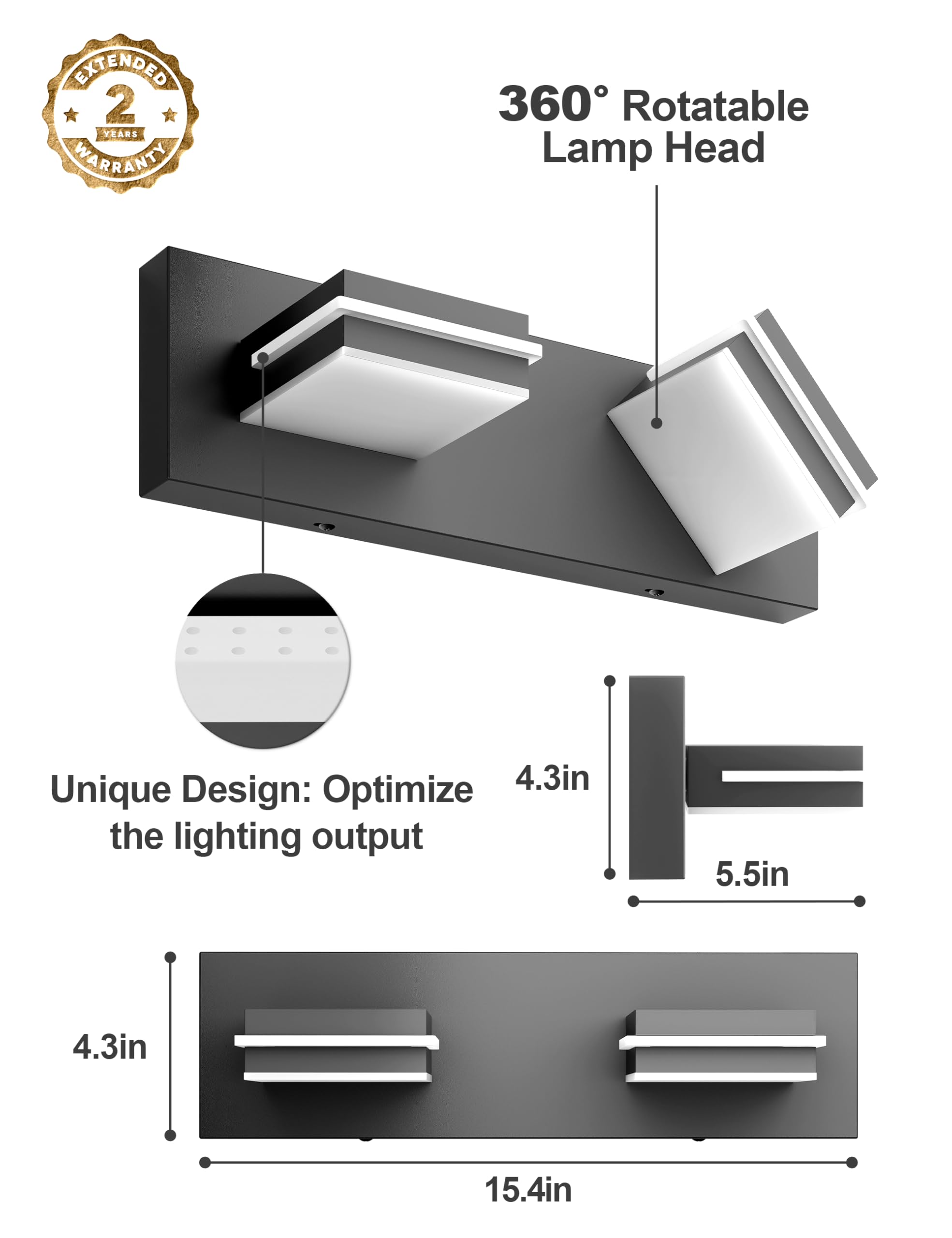 VOLISUN Modern Bathroom Vanity Light Fixtures (2-Light, 15.5-Inch), Matte Black LED Bathroom Lighting Fixtures Over Mirror, 360R