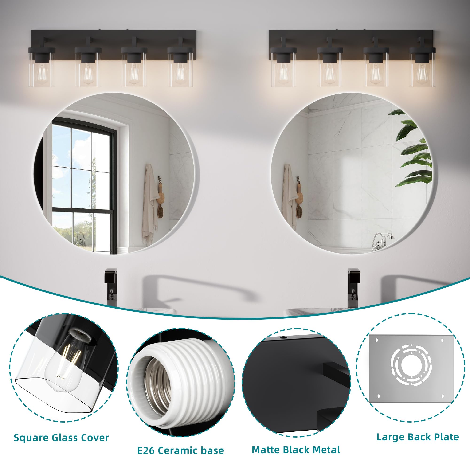 Danshinro 4-Light Bathroom Vanity Light - Modern Square Design, Black Iron Fixture for Bathroom/Living Room/Bedroom