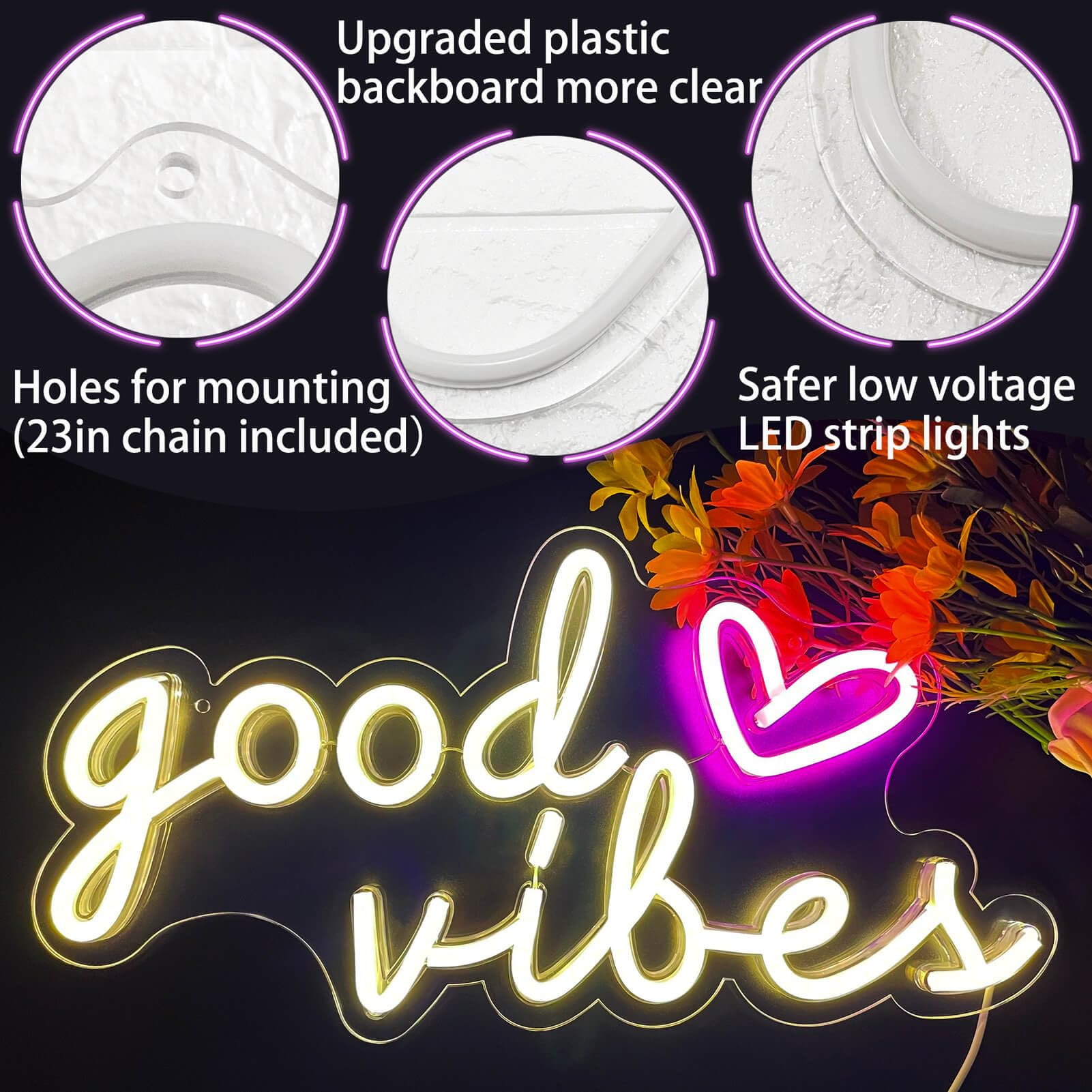 HOHOSIGN Good Vibes Neon Sign for Wall Decor, USB Operated, Warm White, 16x8in, Plastic
