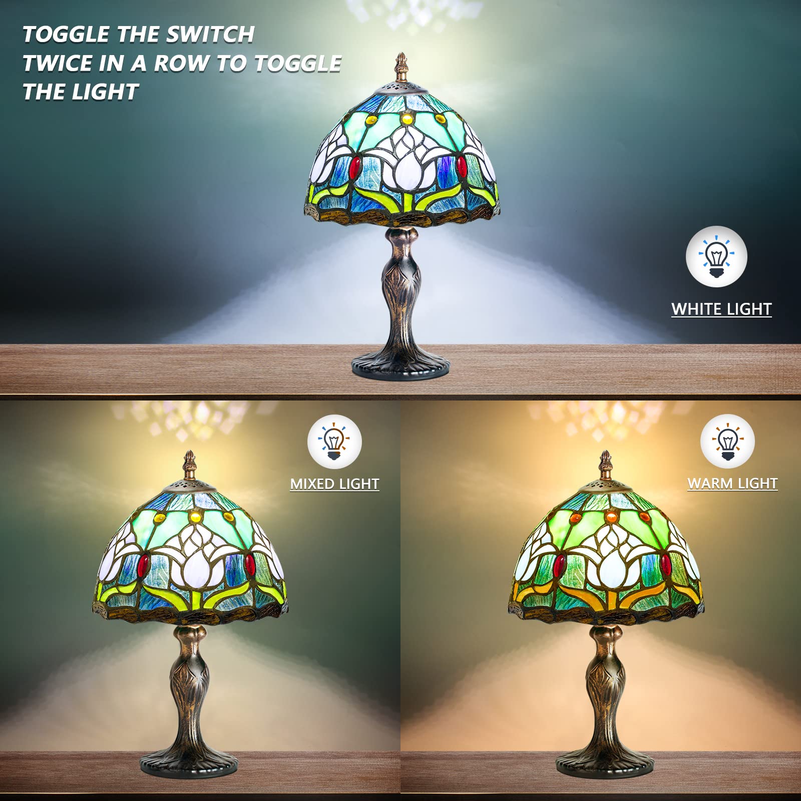 MIAOKE Tiffany Table Lamp, Stained Glass & Crystal Beads, Handmade Desk Light, Blue